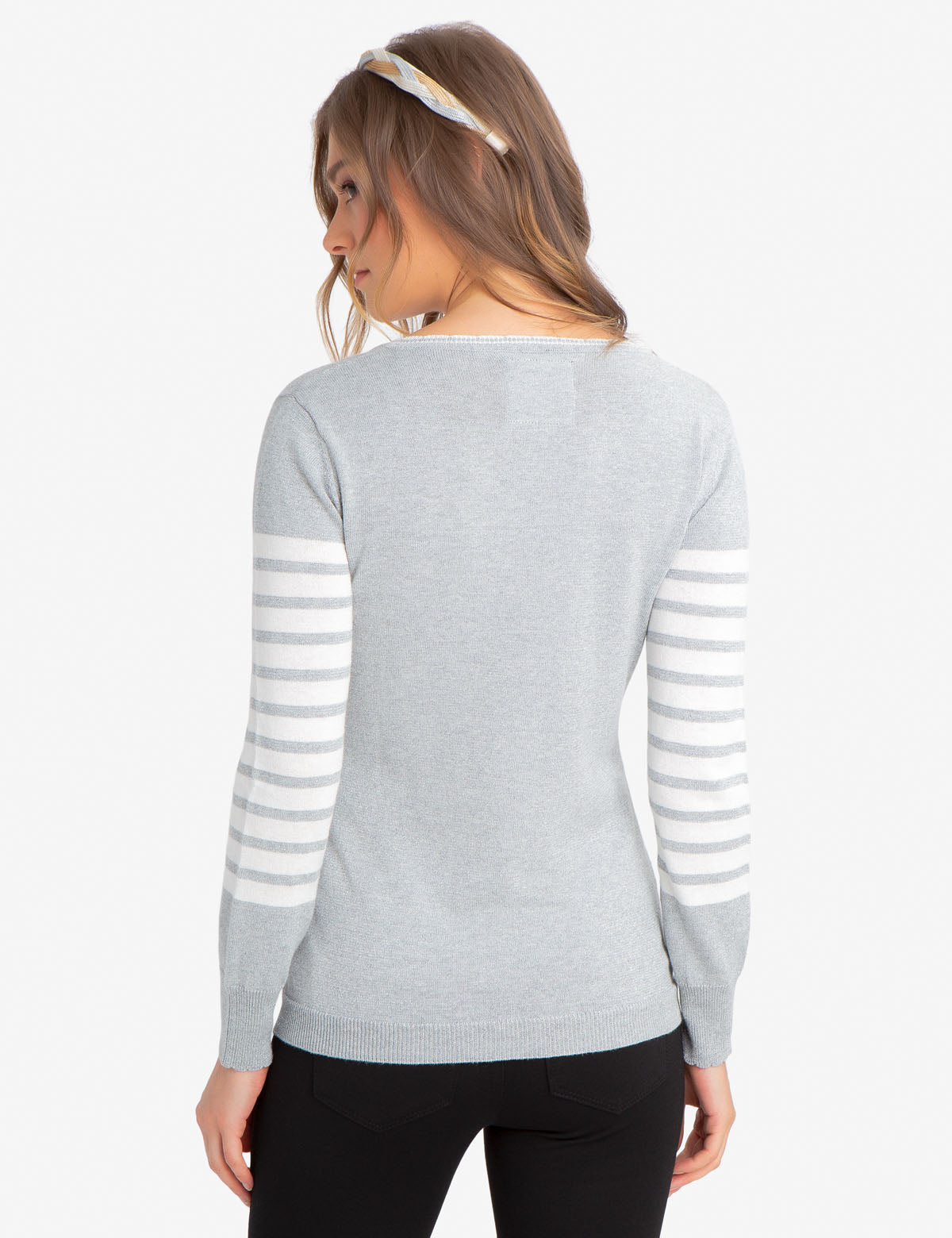 Women's Striped Lurex V-Neck Sweater with Scalloped Edges