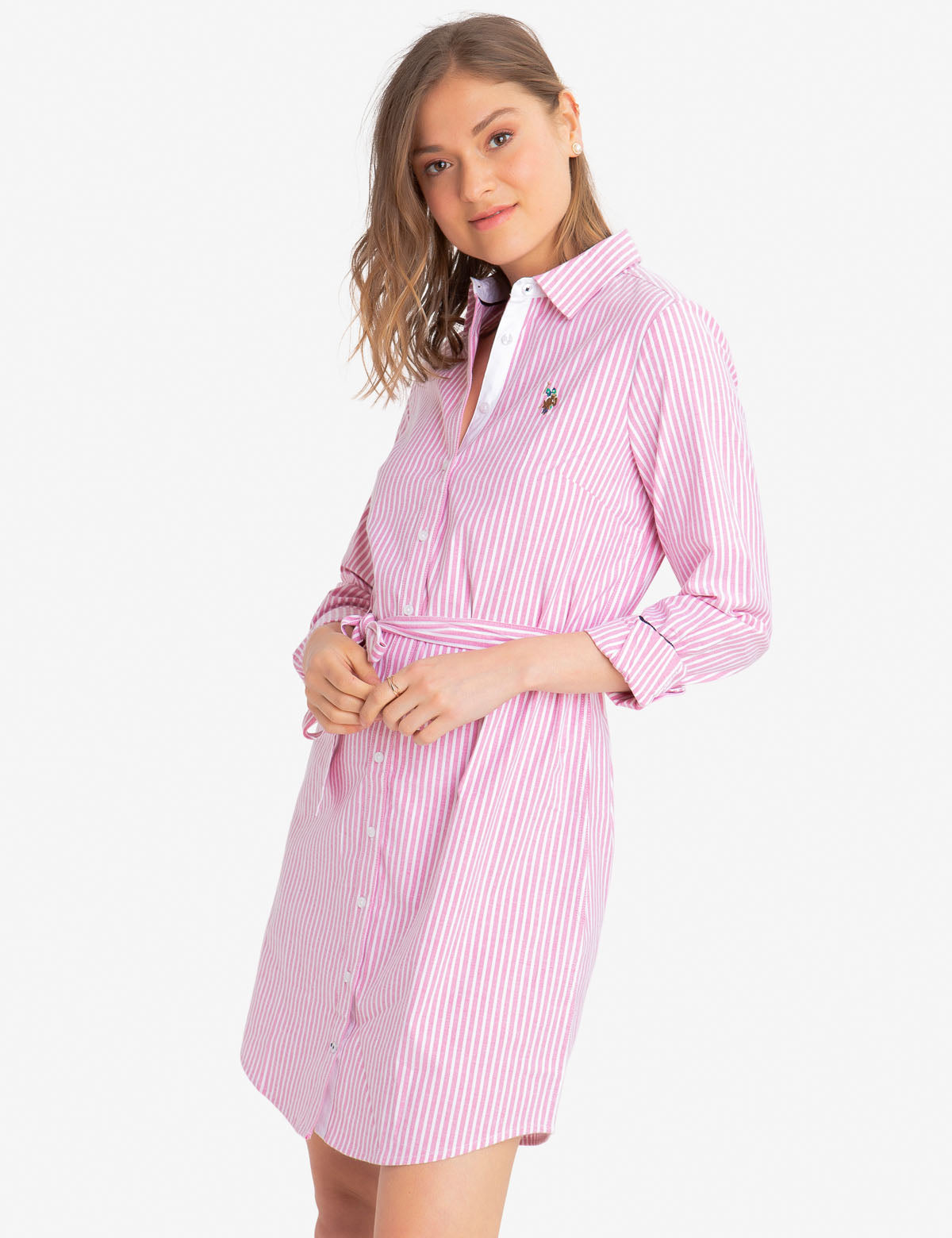 Women's Striped Oxford Dress with Embroidered Logo - Cotton Blend Tie Waist