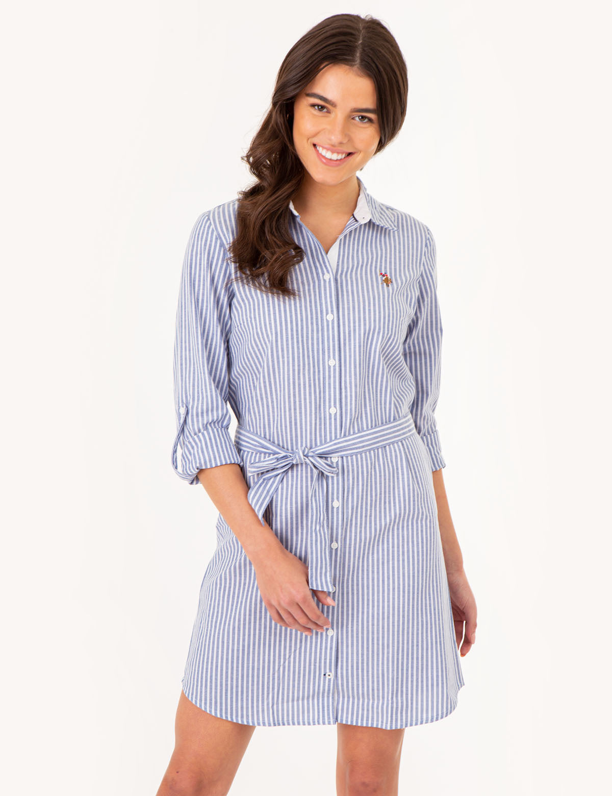 Women's Striped Oxford Dress with Embroidered Logo - Cotton Blend Tie Waist