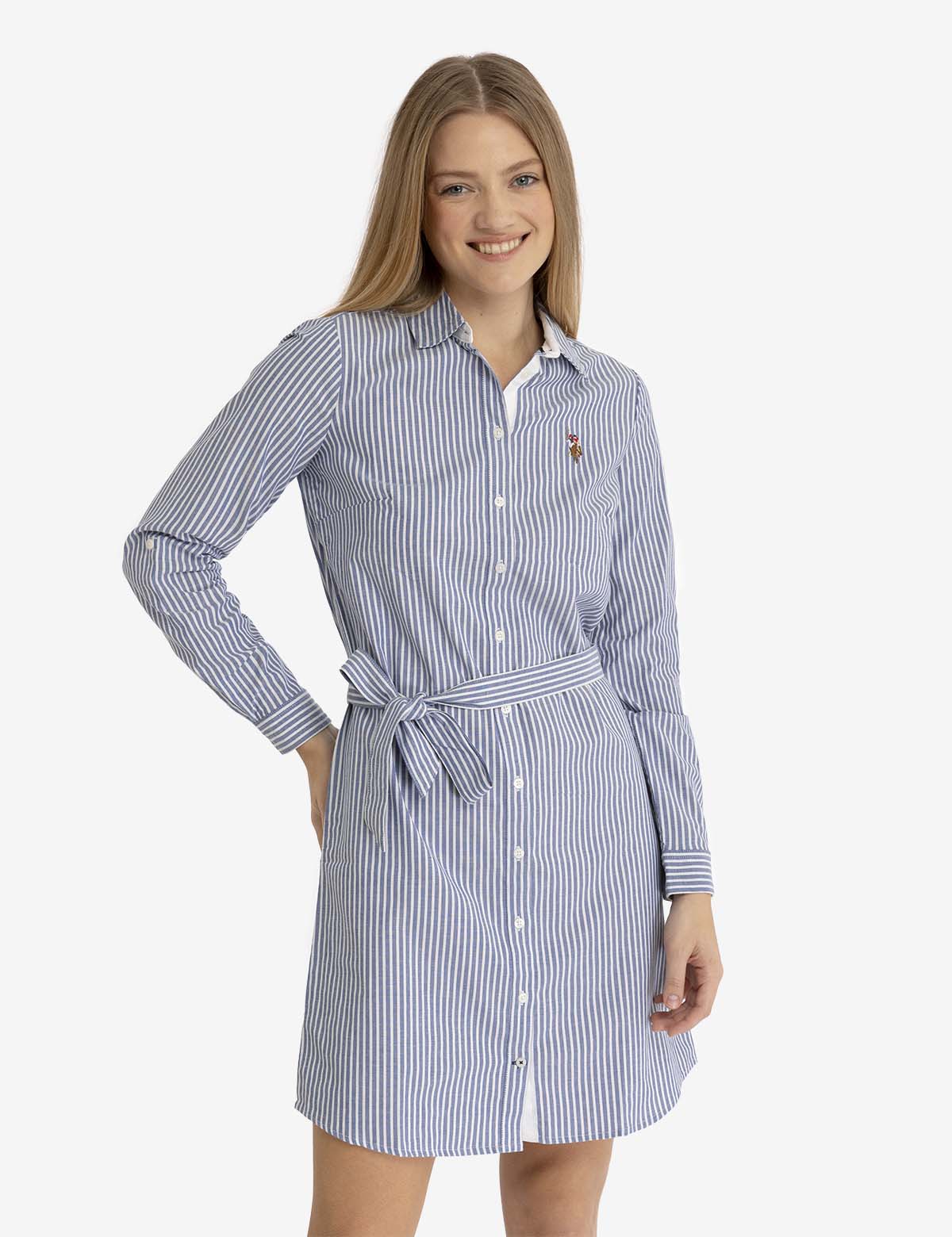 Women's Striped Oxford Dress with Embroidered Logo - Cotton Blend Tie Waist