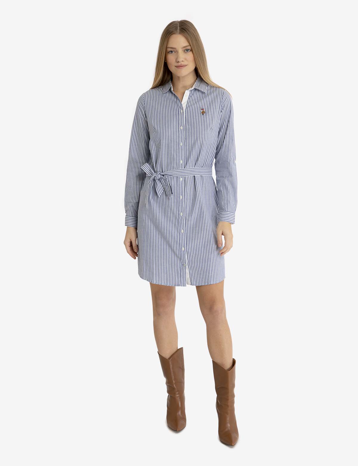 Women's Striped Oxford Dress with Embroidered Logo - Cotton Blend Tie Waist
