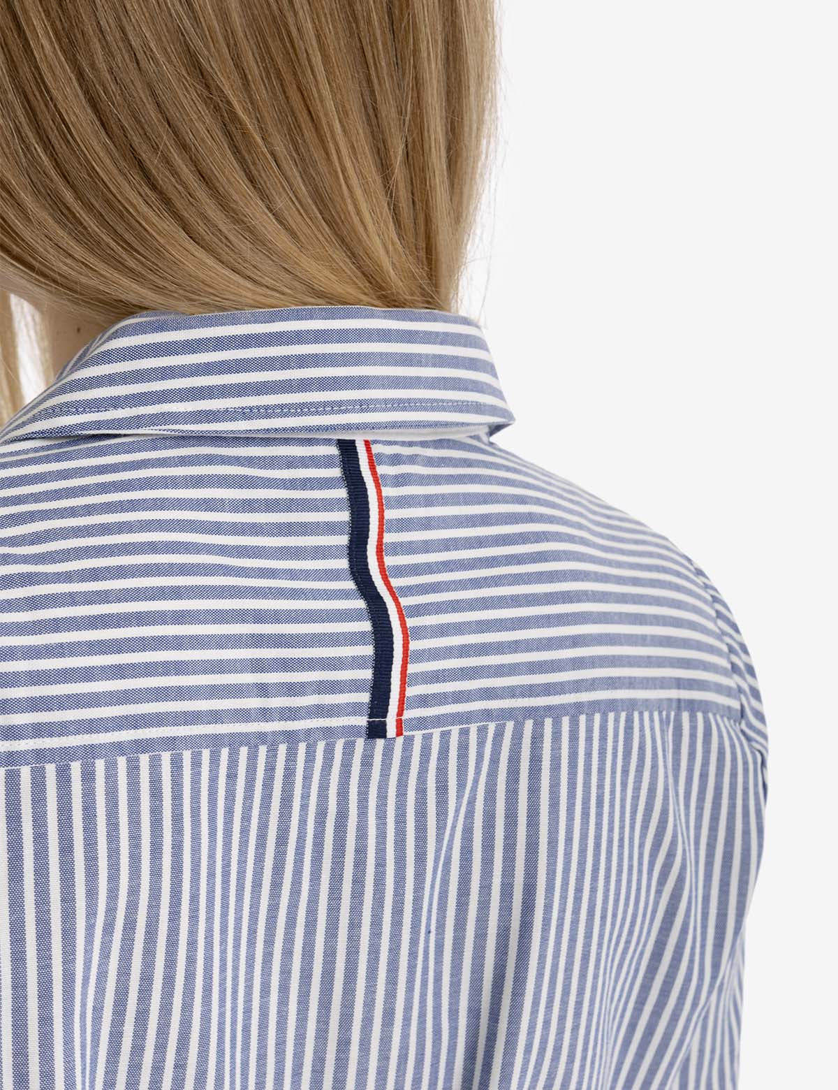 Women's Striped Oxford Dress with Embroidered Logo - Cotton Blend Tie Waist