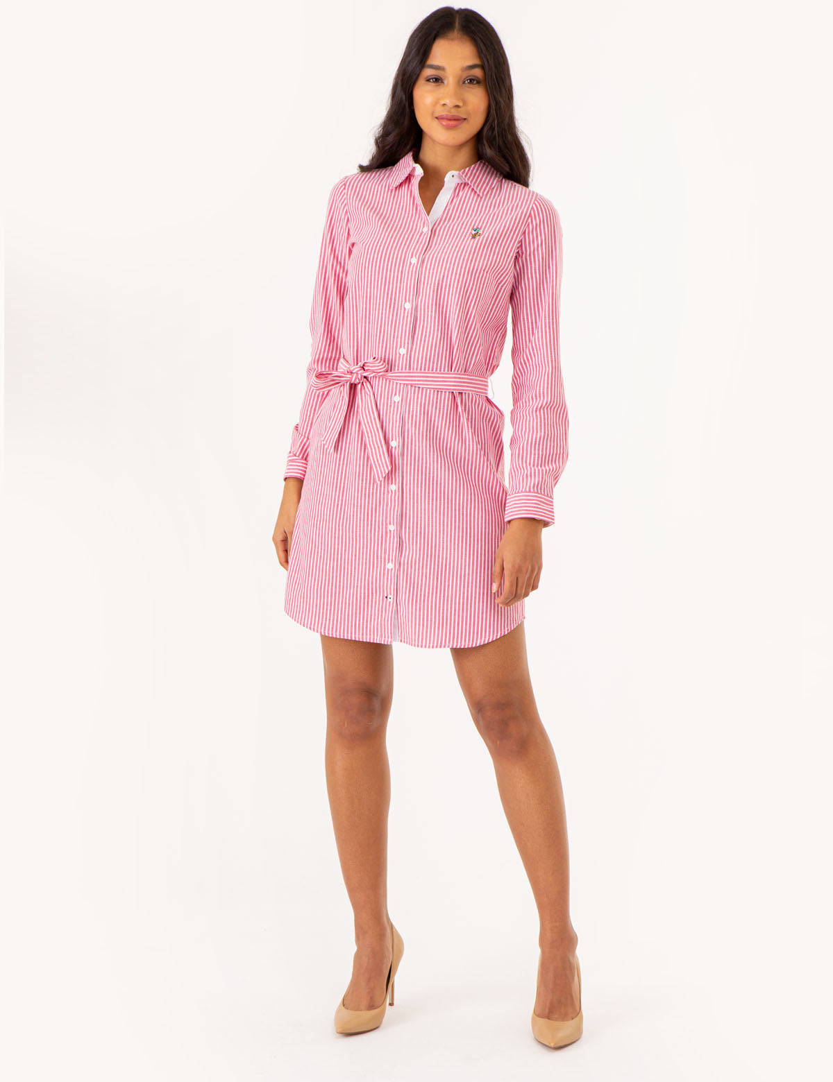 Women's Striped Oxford Dress with Embroidered Logo - Cotton Blend Tie Waist