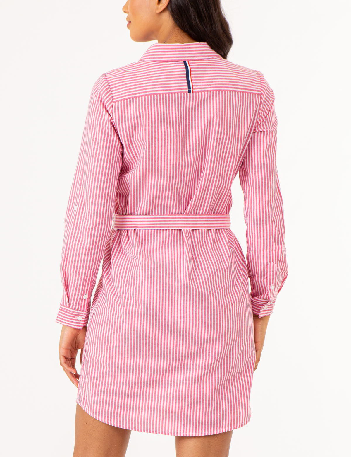 Women's Striped Oxford Dress with Embroidered Logo - Cotton Blend Tie Waist