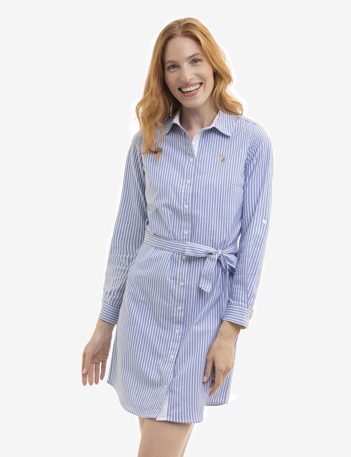Women's Striped Oxford Dress with Embroidered Logo - Cotton Blend Tie Waist