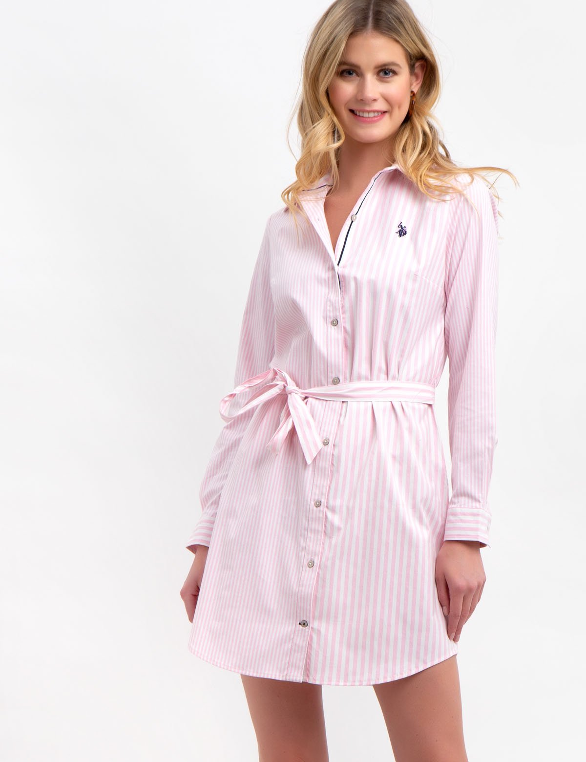 Women's Striped Oxford Button-Down Dress with Tie Waist