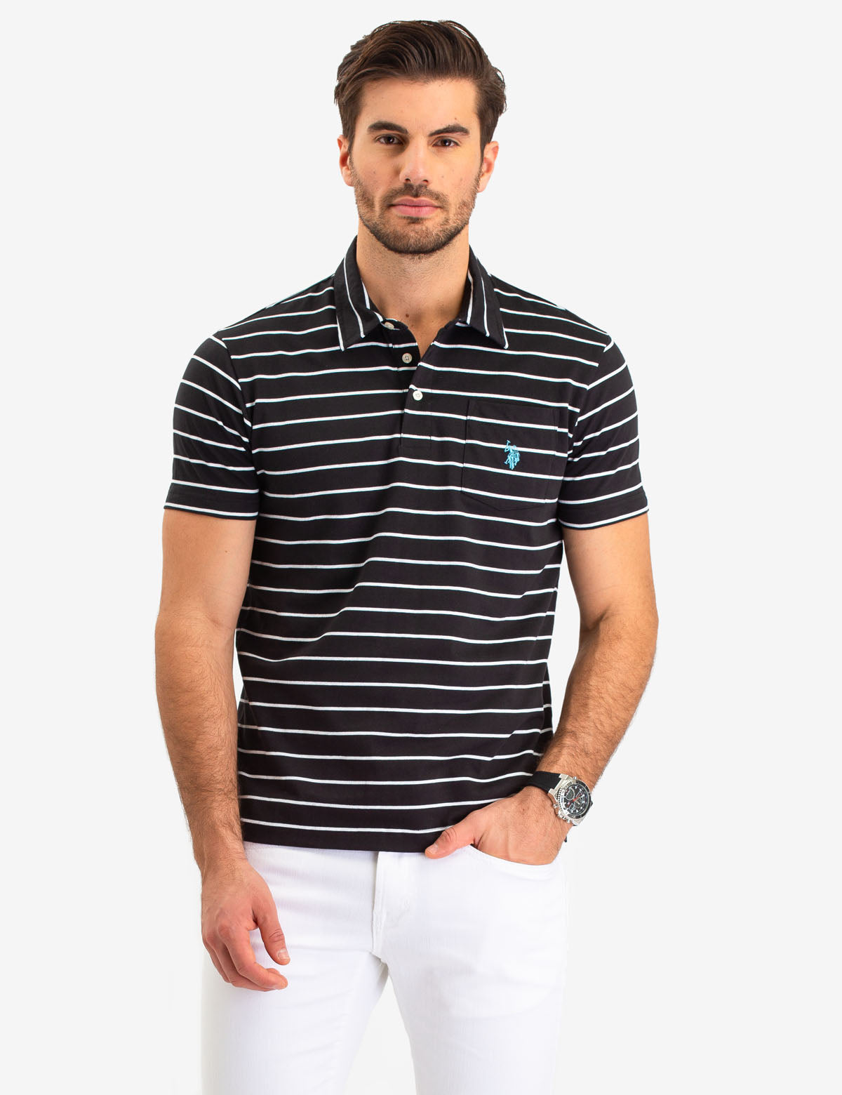 Men's Striped Polo Shirt with Pocket & Logo