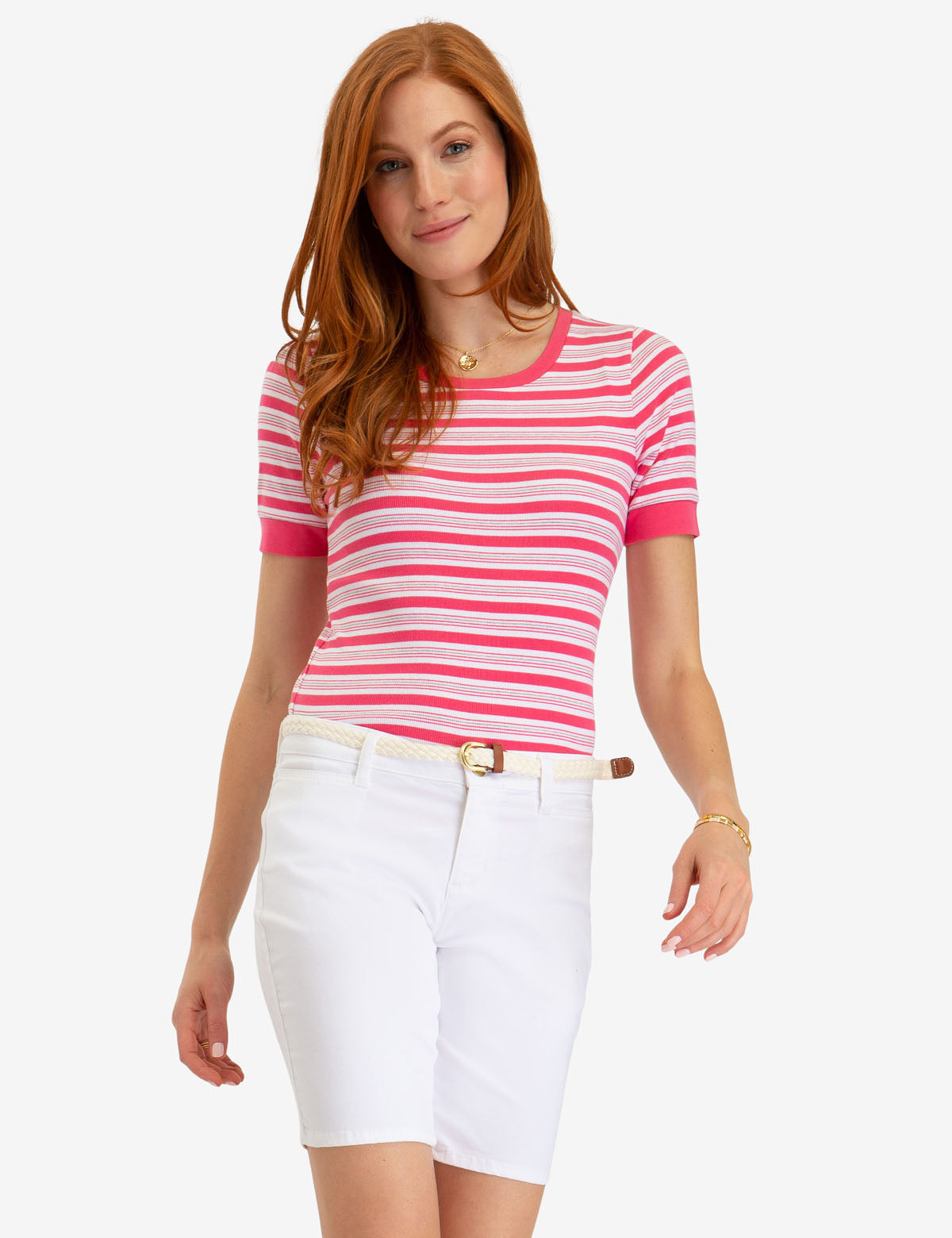Women's Striped Ribbed Cotton Top - Fitted Scoop Neck Tee