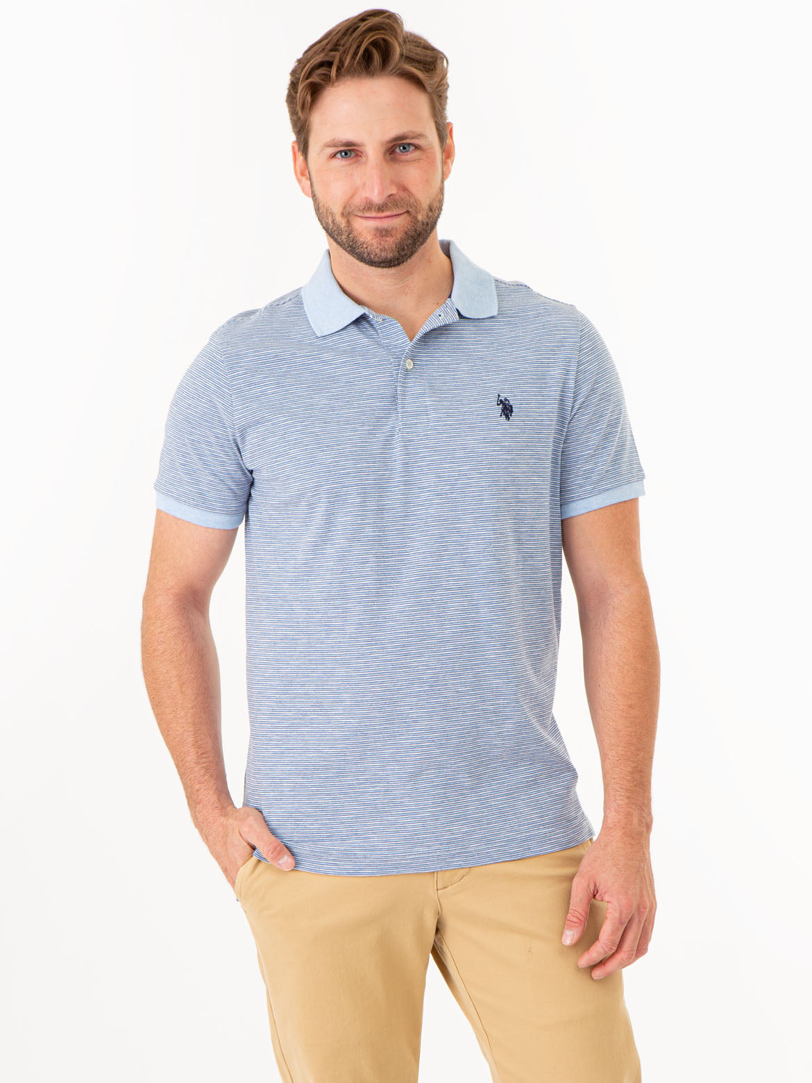 Men's Striped Polo Shirt with Contrast Collar & Rib Cuffs
