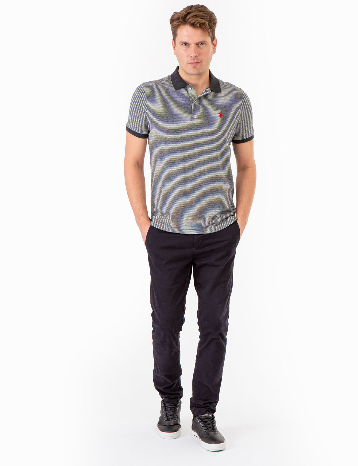 Men's Striped Polo Shirt with Contrast Collar & Rib Cuffs