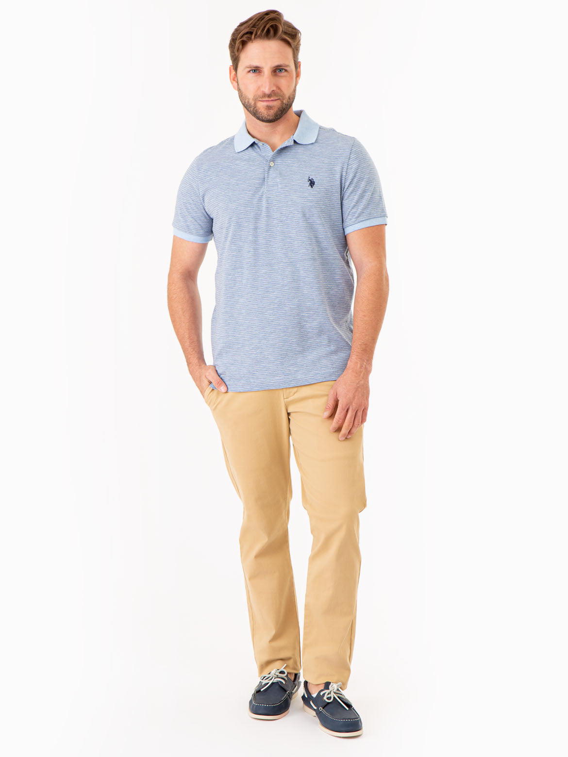 Men's Striped Polo Shirt with Contrast Collar & Rib Cuffs