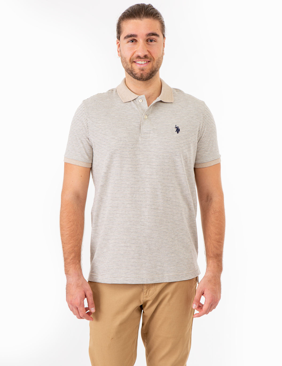 Men's Striped Polo Shirt with Contrast Collar & Rib Cuffs