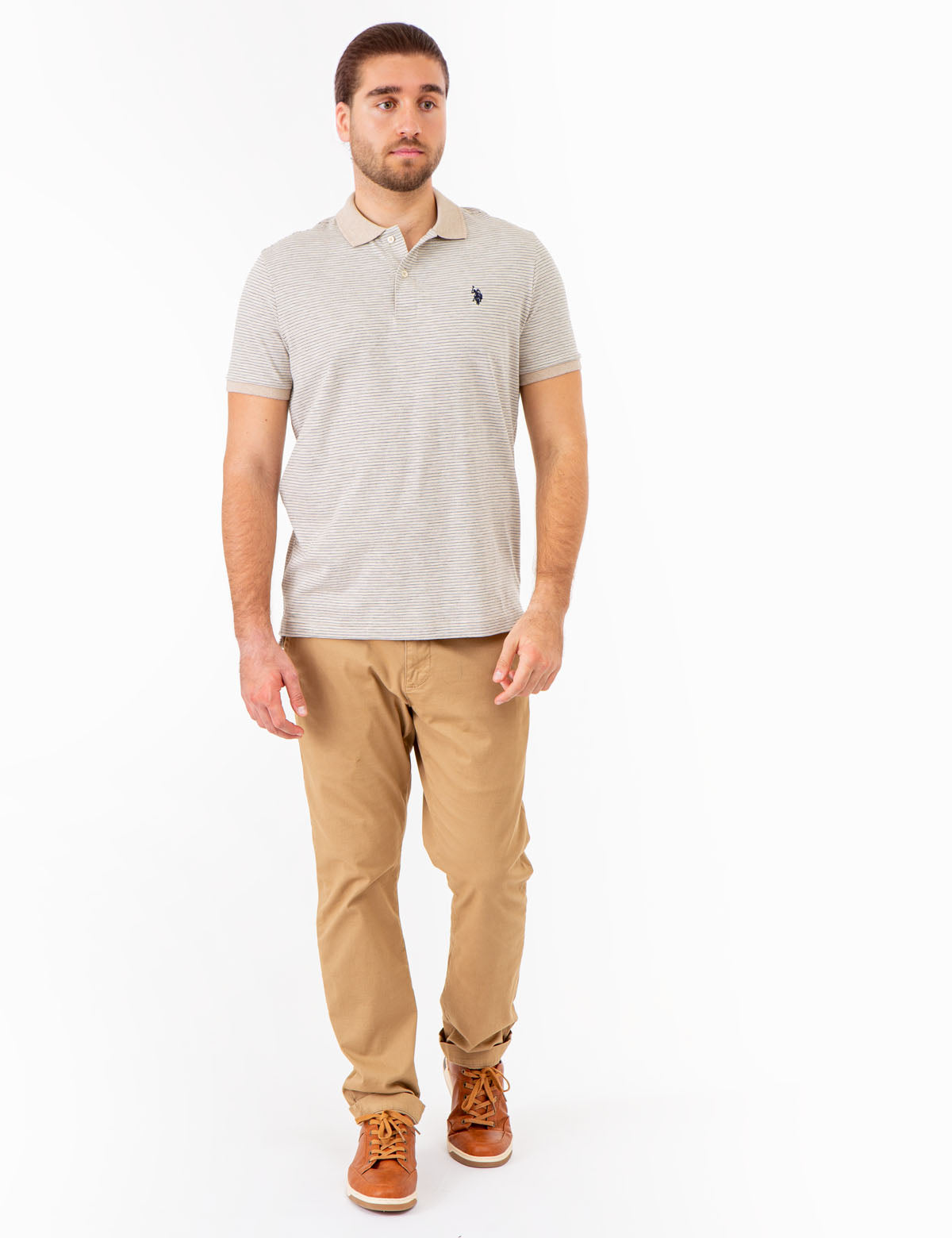 Men's Striped Polo Shirt with Contrast Collar & Rib Cuffs