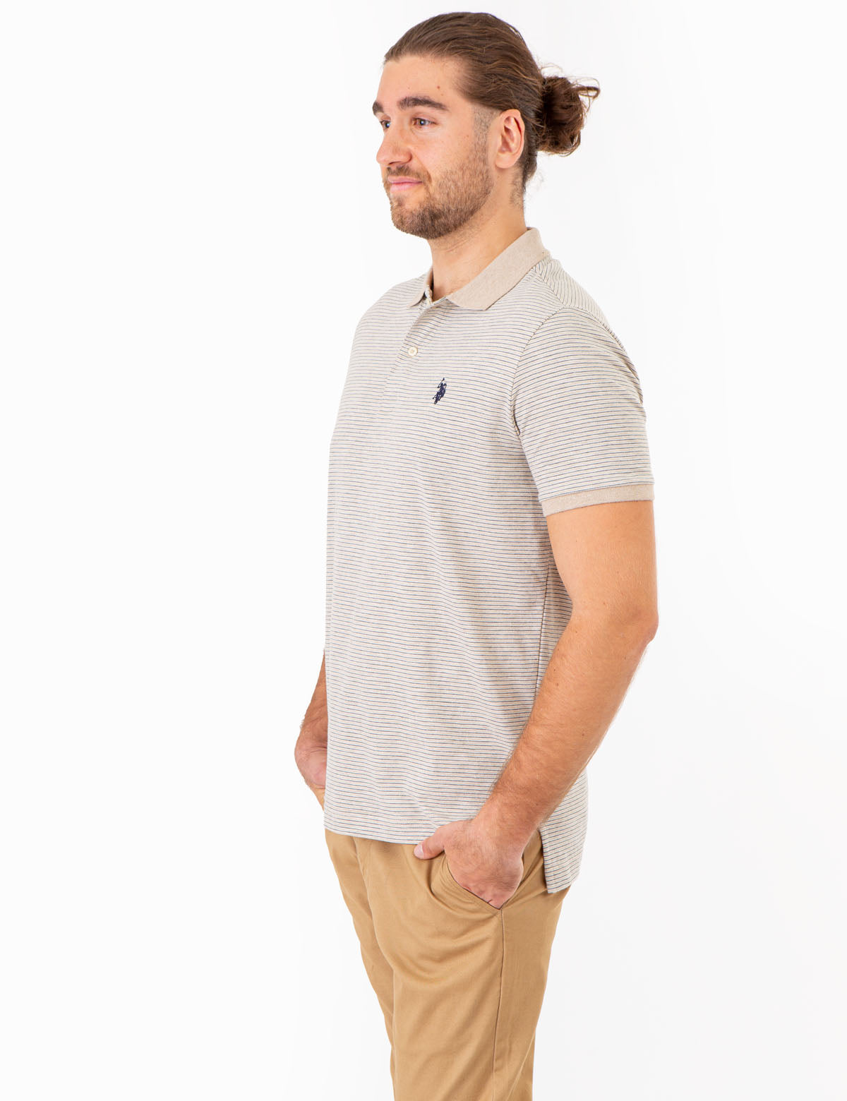 Men's Striped Polo Shirt with Contrast Collar & Rib Cuffs