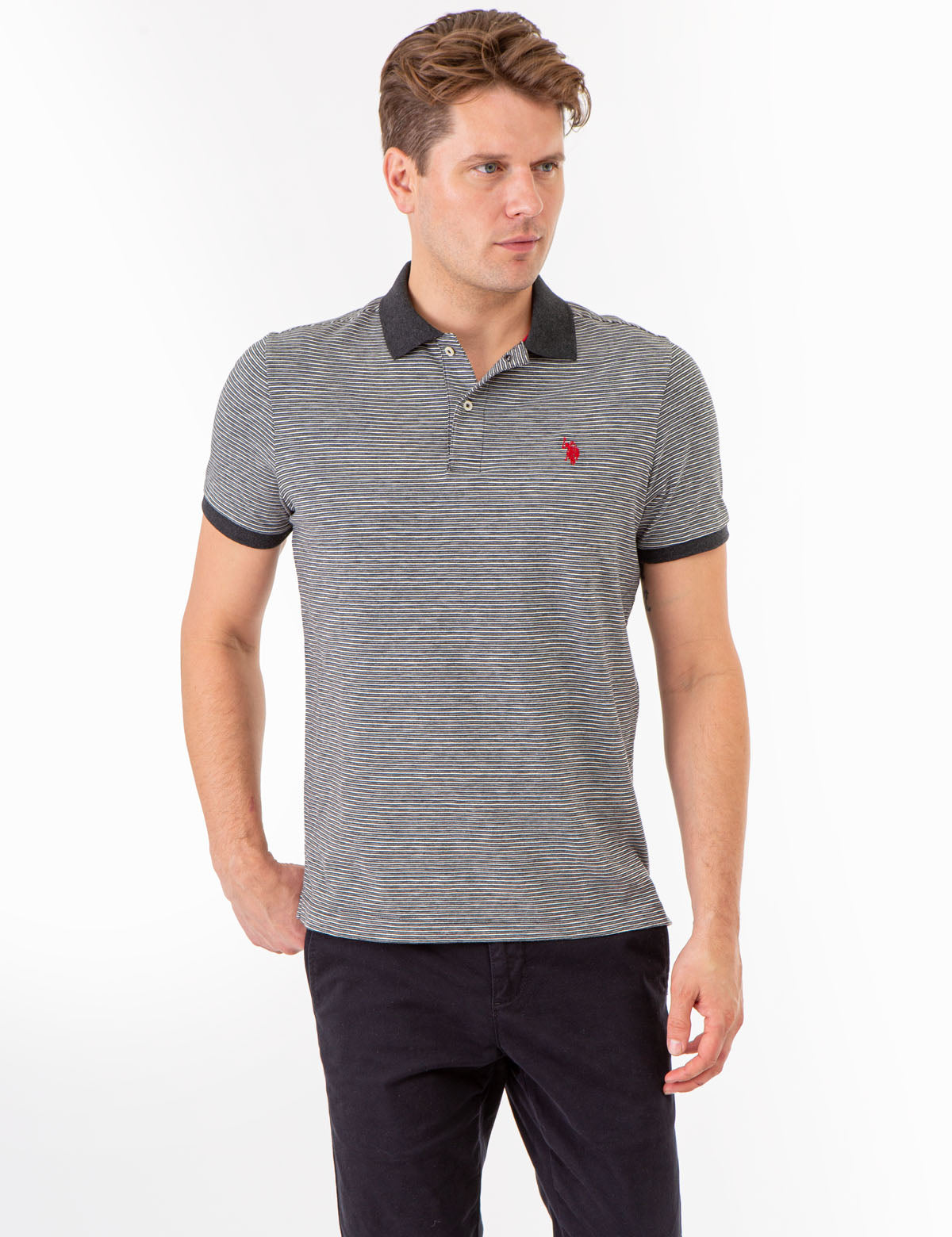 Men's Striped Polo Shirt with Contrast Collar & Rib Cuffs