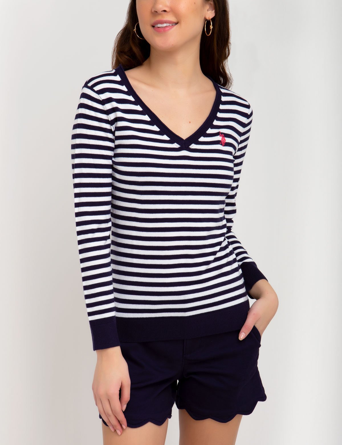 Women's Striped V-Neck Sweater - Acrylic Nylon Blend