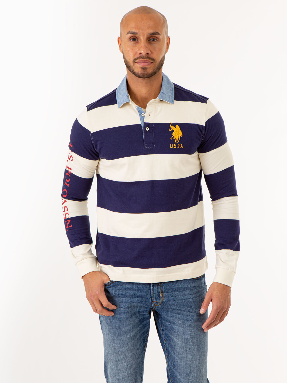 Men's Striped Long Sleeve Polo Shirt with Woven Collar
