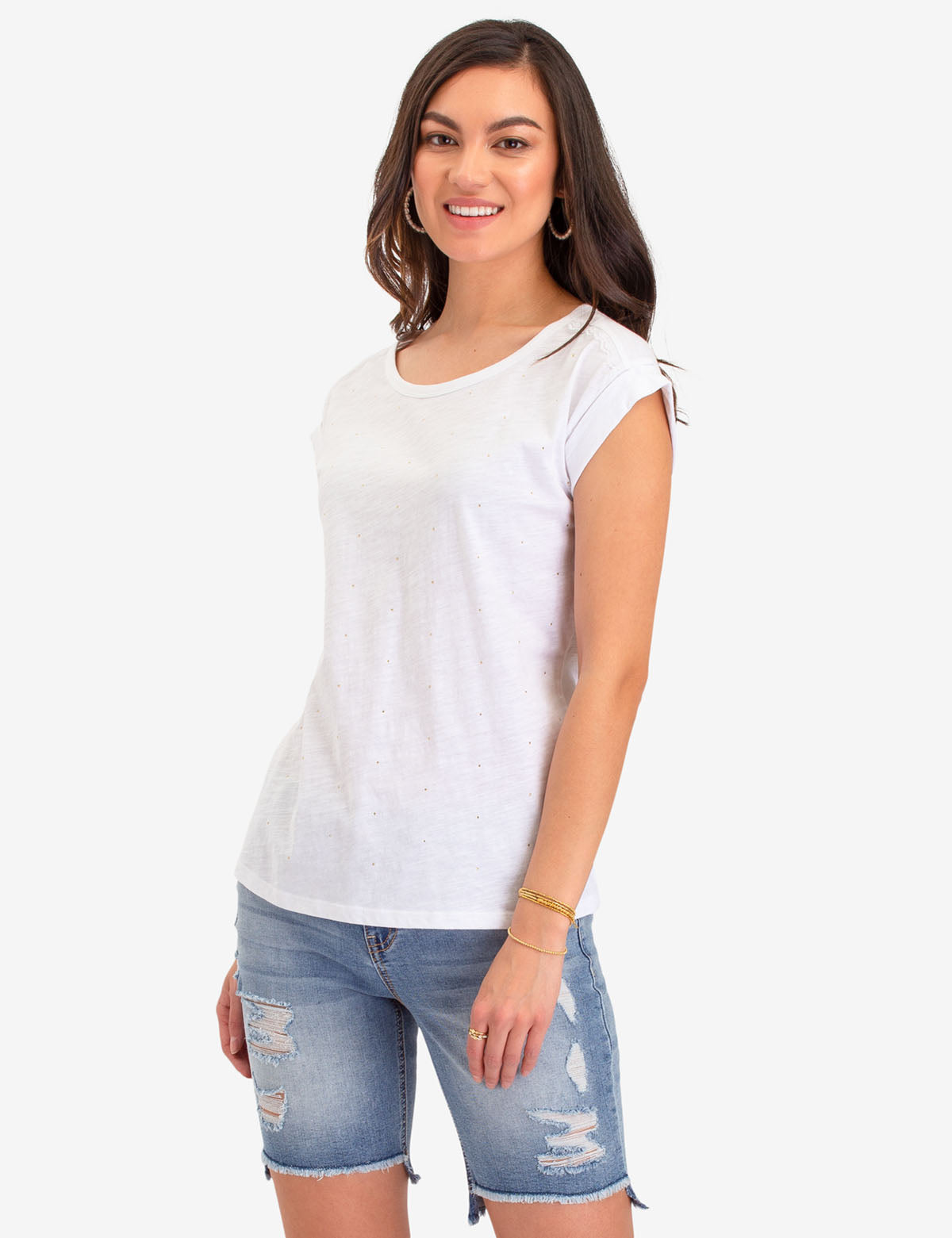 Women's Rhinestone Studded Cotton Short Sleeve Top