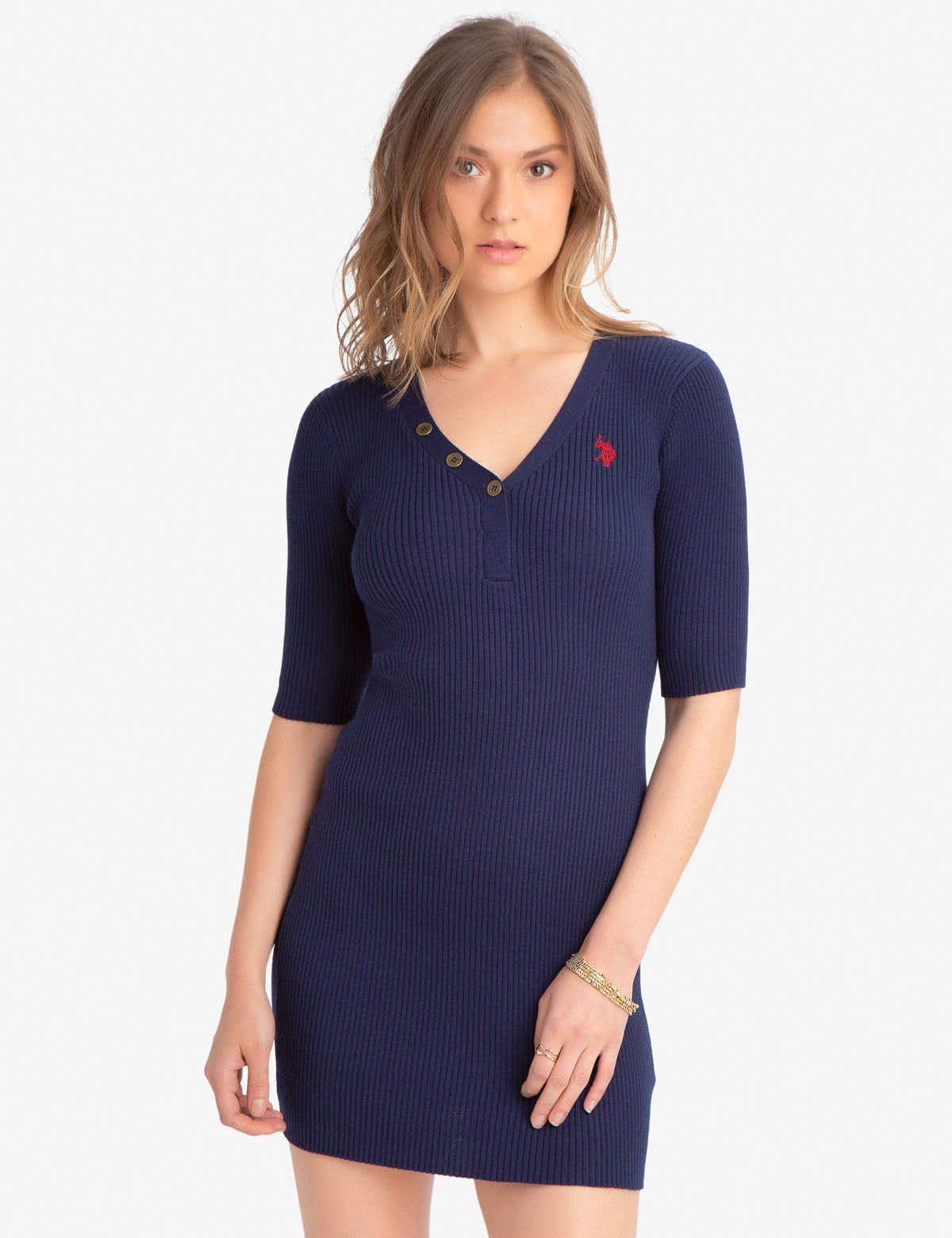 Women's V-Neck Sweater Dress with Embroidered Logo - Polyester Blend