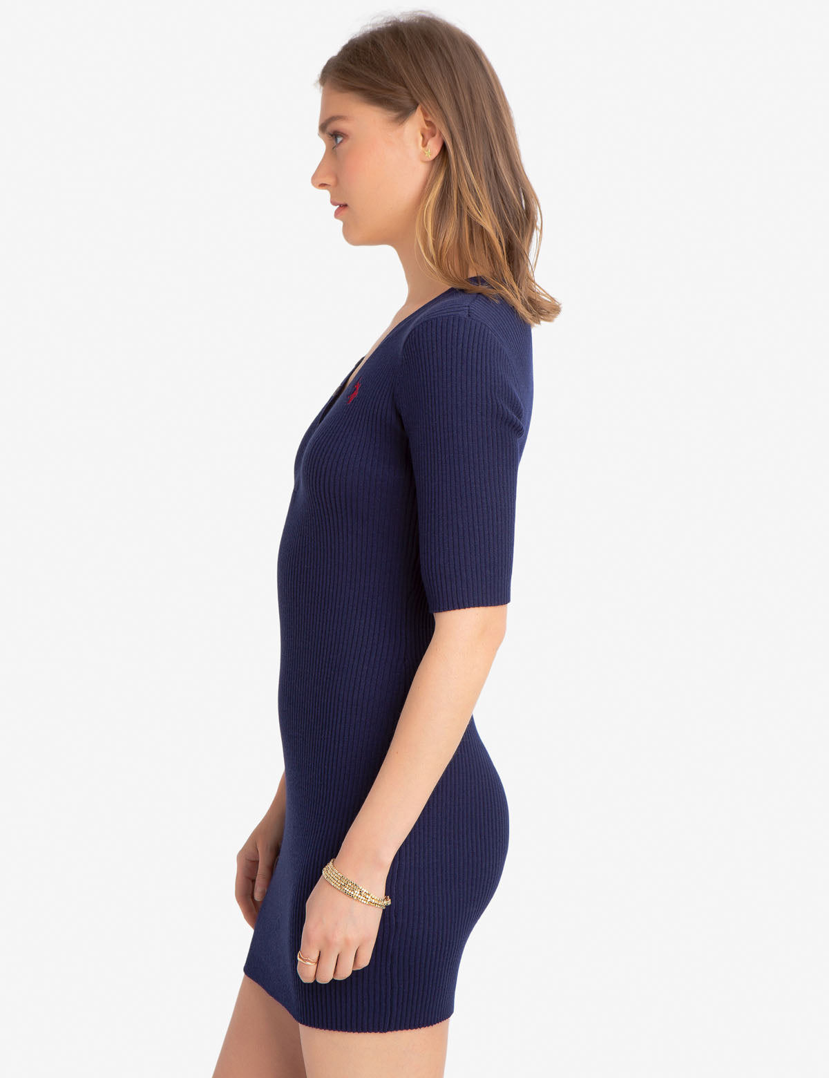 Women's V-Neck Sweater Dress with Embroidered Logo - Polyester Blend