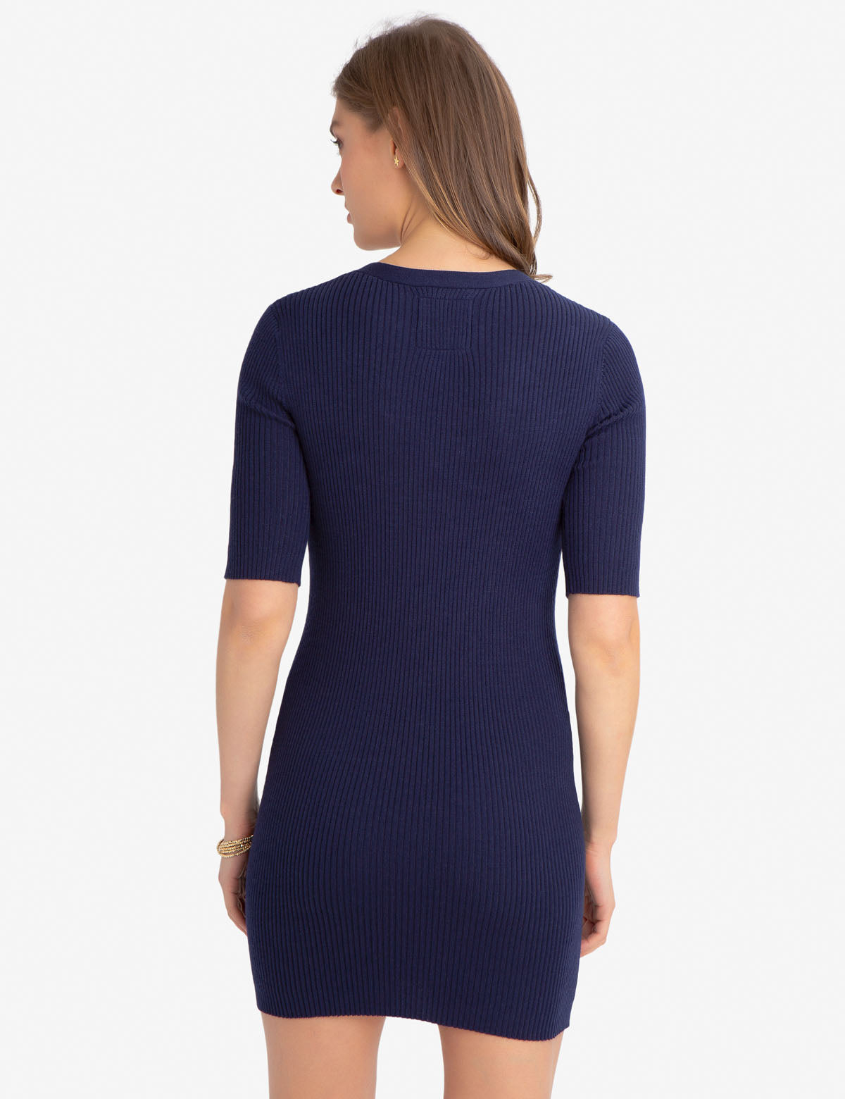 Women's V-Neck Sweater Dress with Embroidered Logo - Polyester Blend