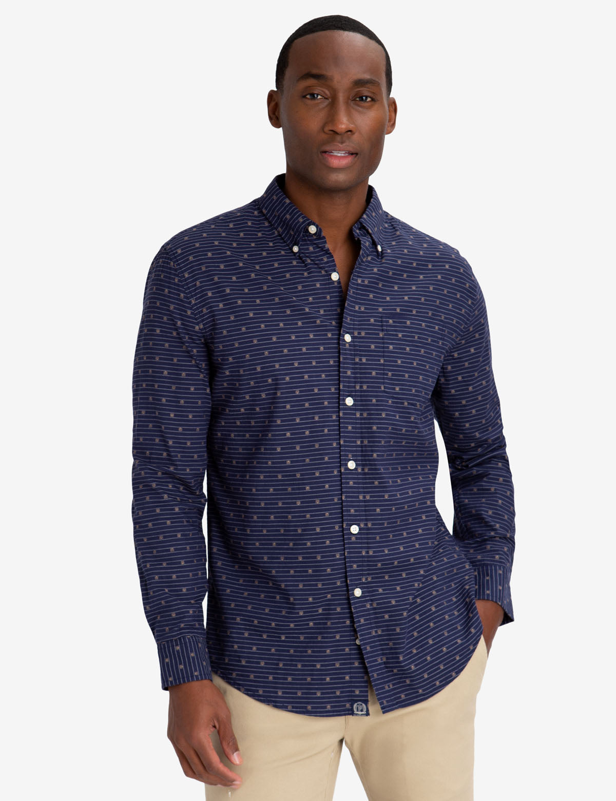 Swiss Dot Cotton Button-Up Shirt with Long Sleeves