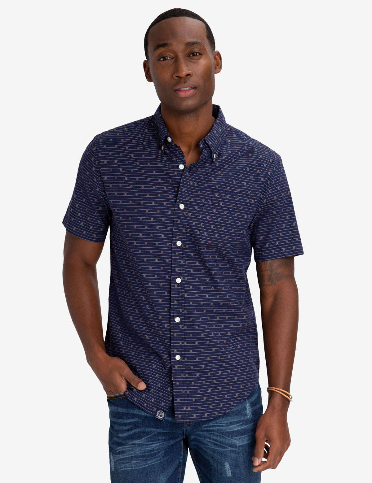Swiss Dot Cotton Button-Up Shirt with Long Sleeves