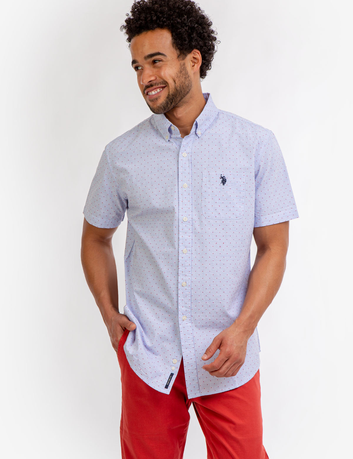 Men's Swiss Dot Cotton Short Sleeve Shirt with Pocket