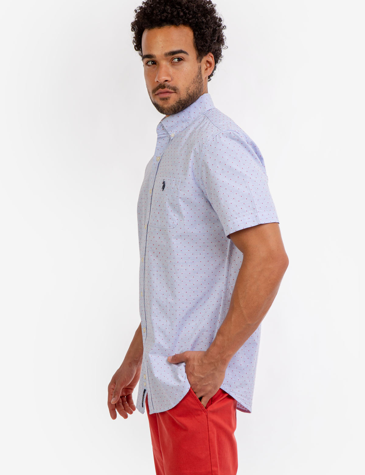 Men's Swiss Dot Cotton Short Sleeve Shirt with Pocket