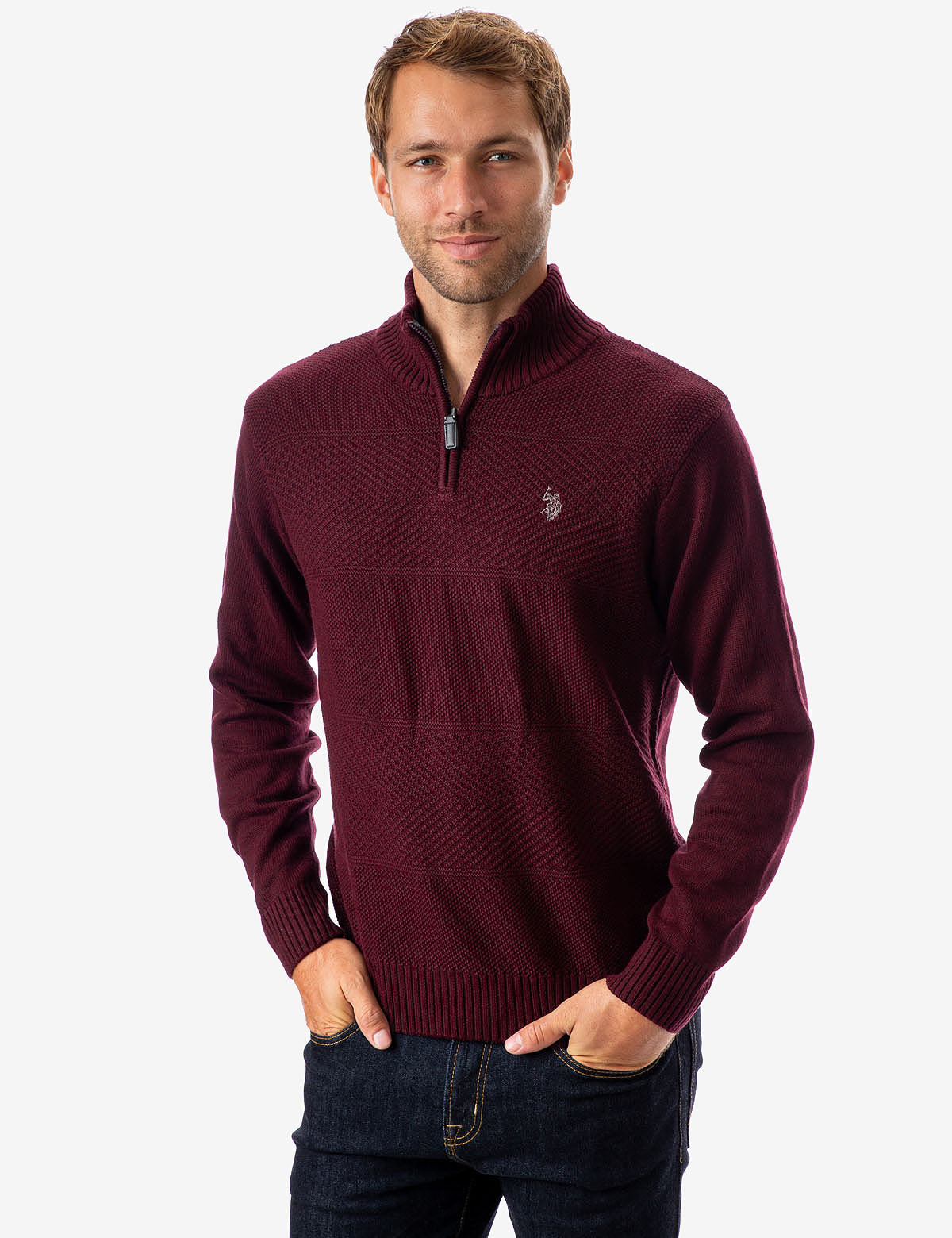 Textured Stripe Quarter Zip Sweater with Ribbed Cuffs