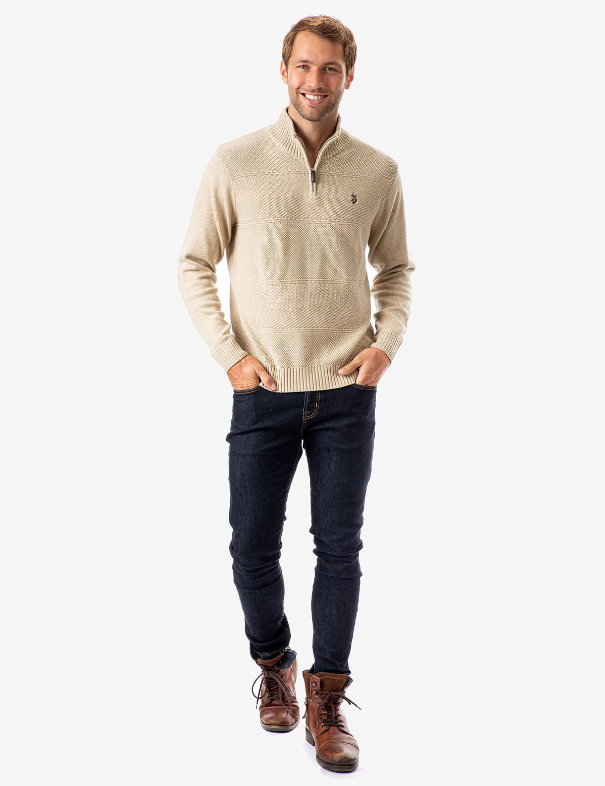 Textured Stripe Quarter Zip Sweater with Ribbed Cuffs