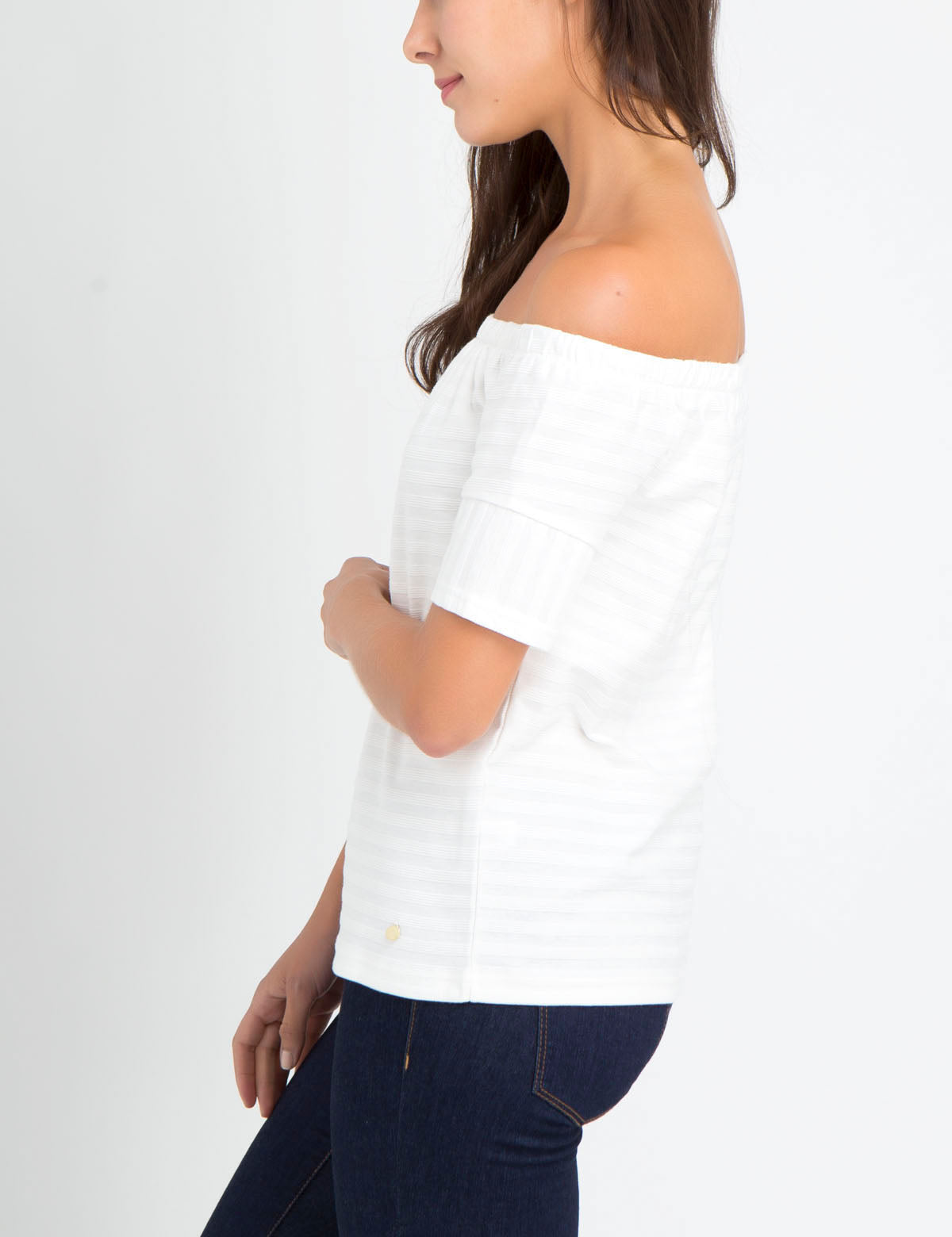 Textured Striped Cotton Ballet Top with Smocked Elastic