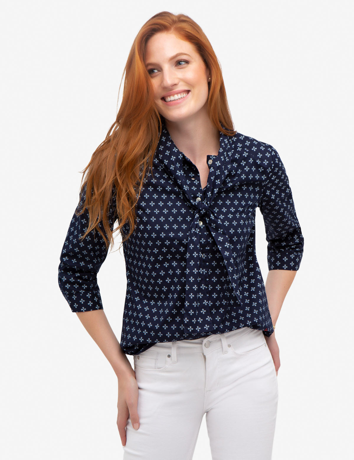 Tie Front Collar Cotton Shirt with All Over Print