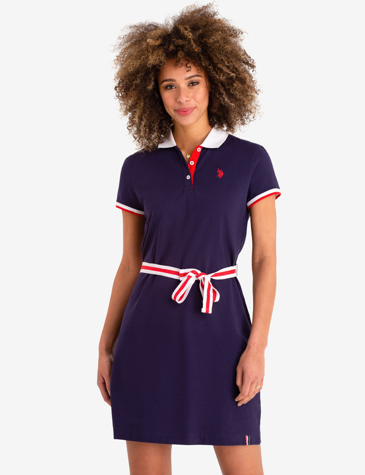 Women's Tie-Front Polo Dress with Contrast Collar & Striped Belt
