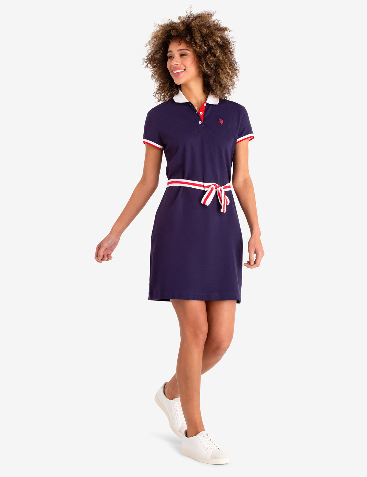 Women's Tie-Front Polo Dress with Contrast Collar & Striped Belt
