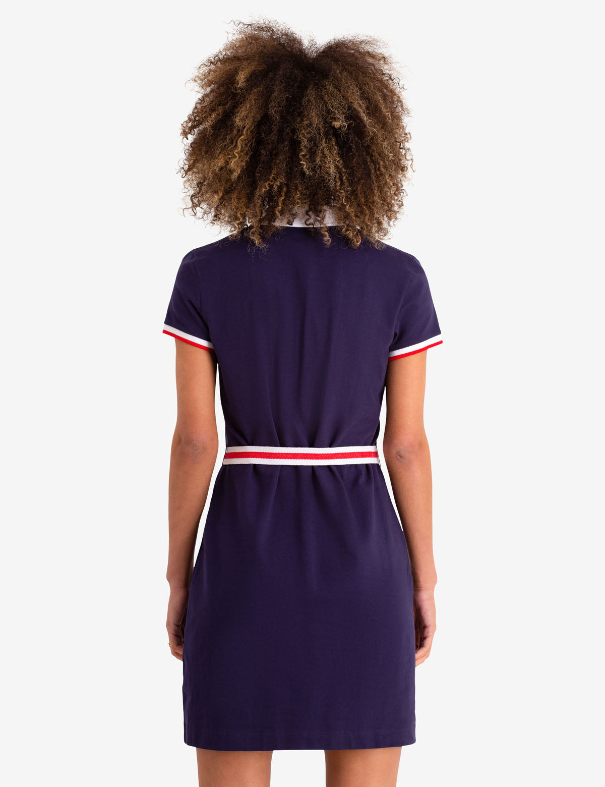 Women's Tie-Front Polo Dress with Contrast Collar & Striped Belt