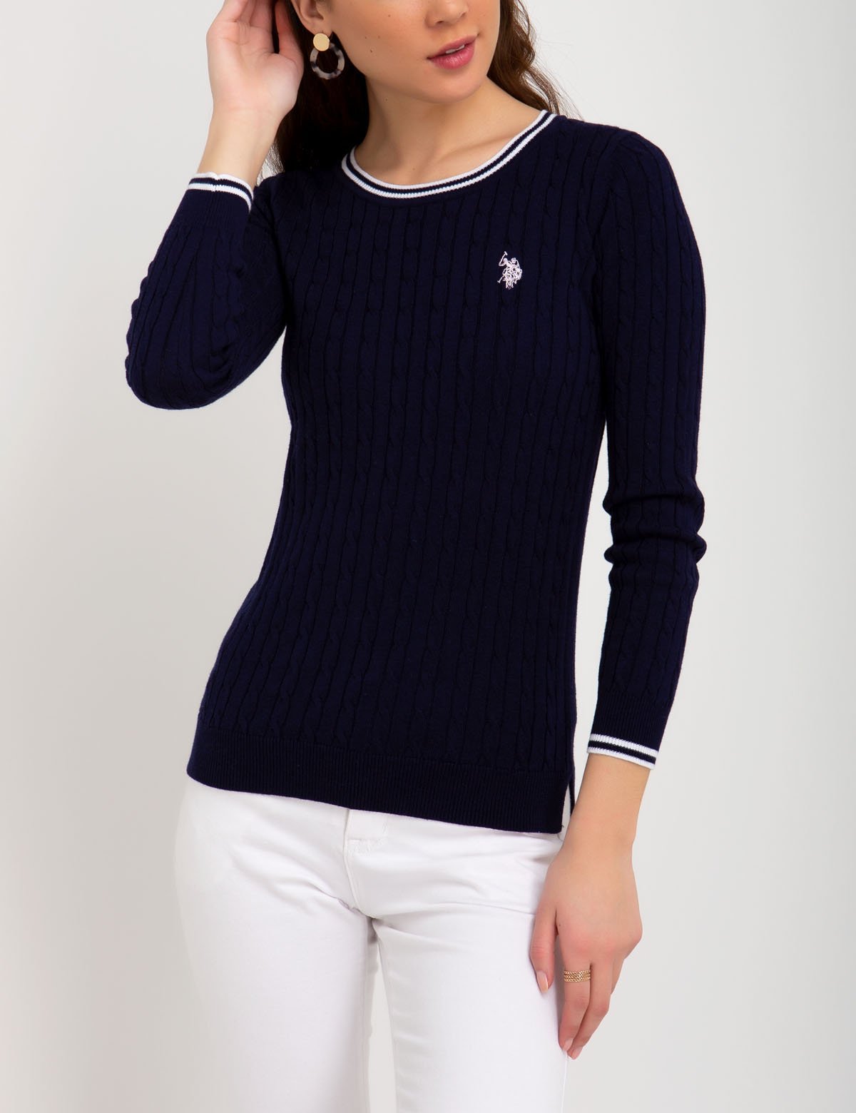 Women's Cable Knit Sweater with Tipped Neckline & Embroidered Logo
