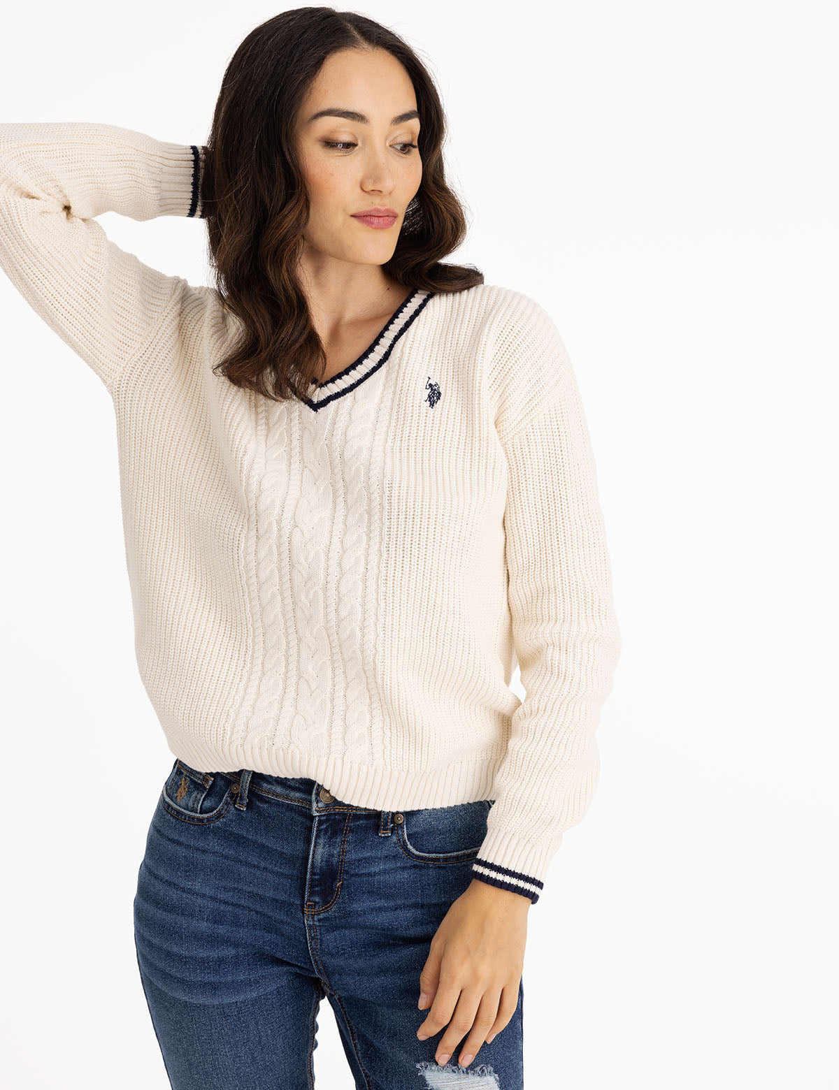 Tipped Cable Knit V-Neck Sweater