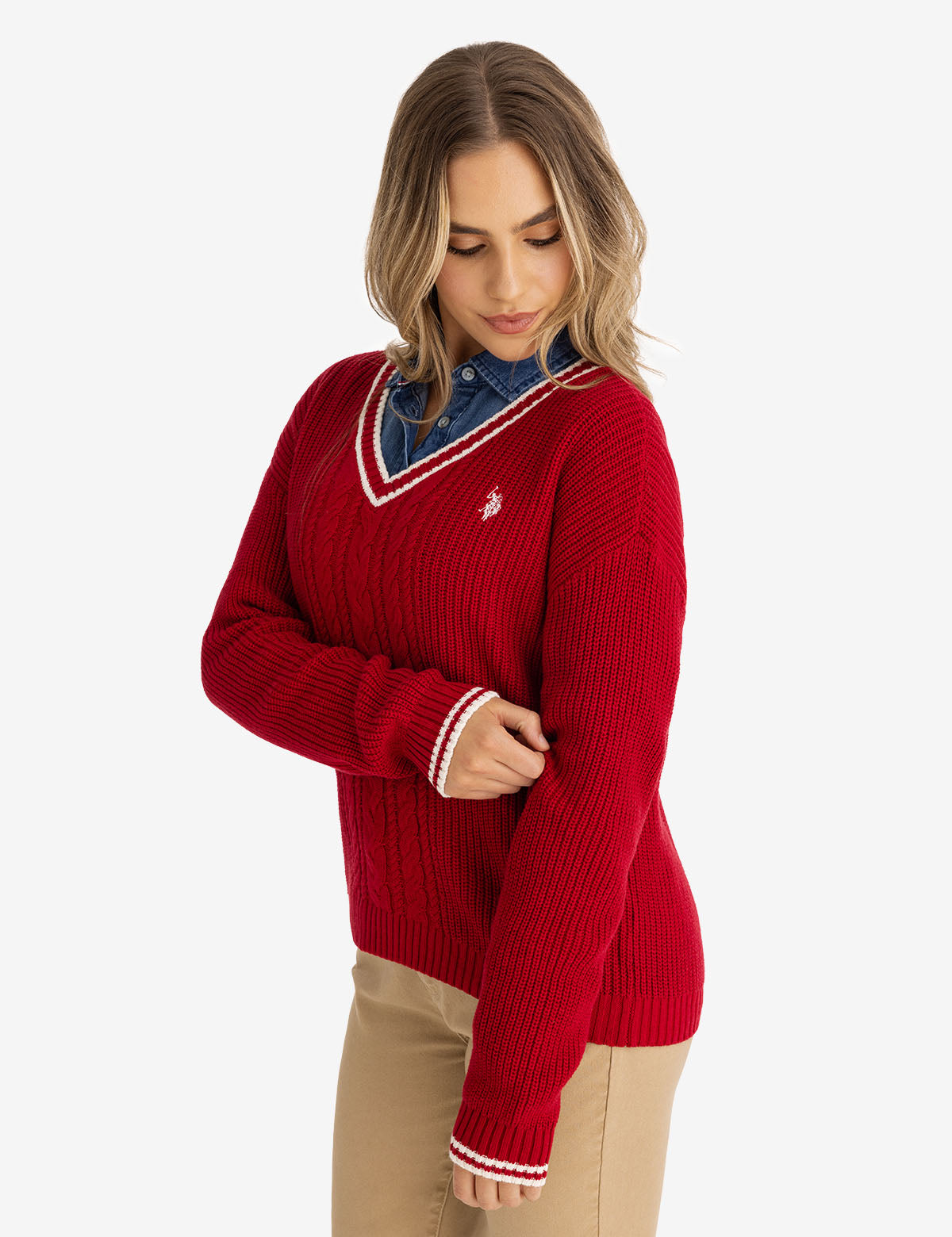 Tipped Cable Knit V-Neck Sweater