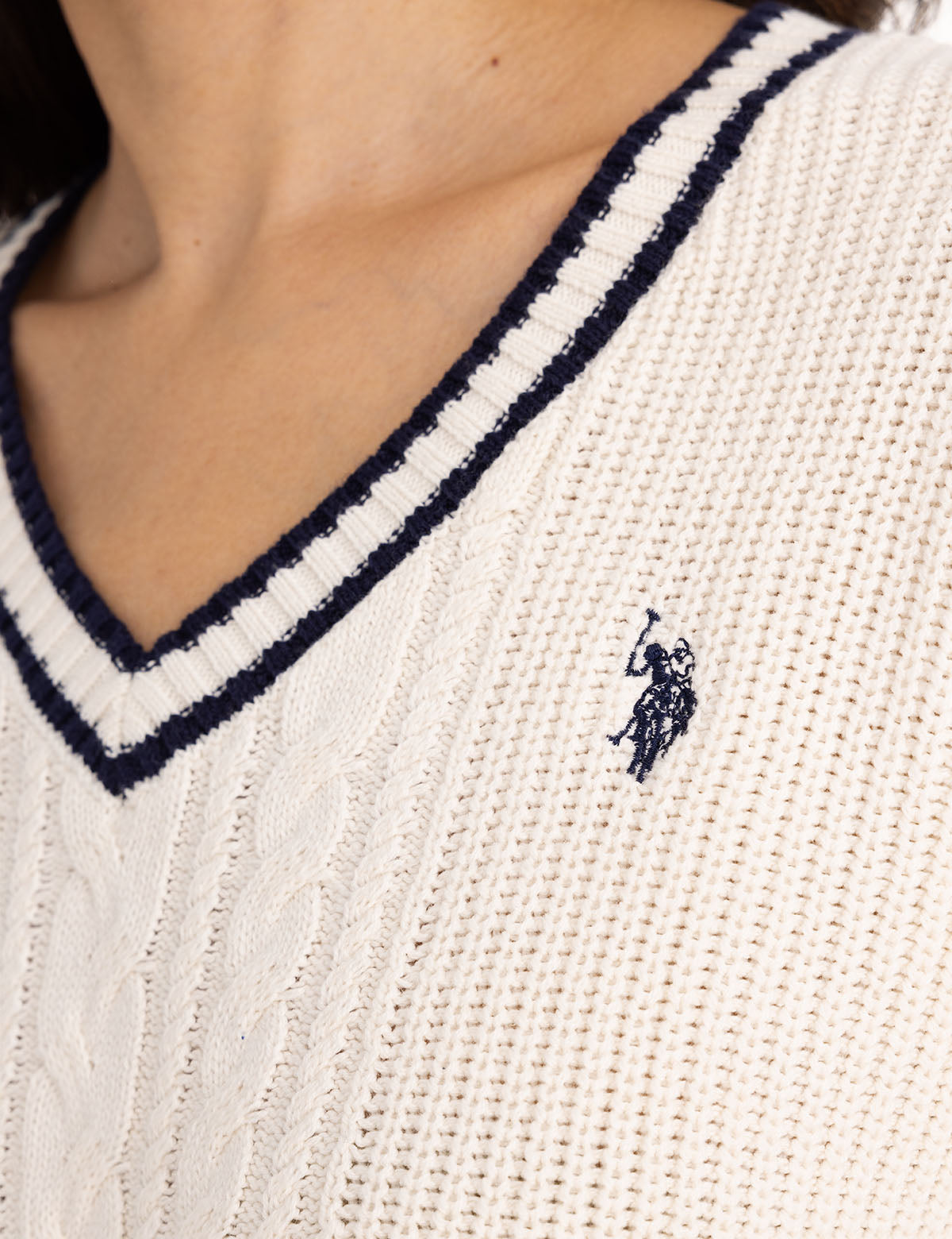 Tipped Cable Knit V-Neck Sweater