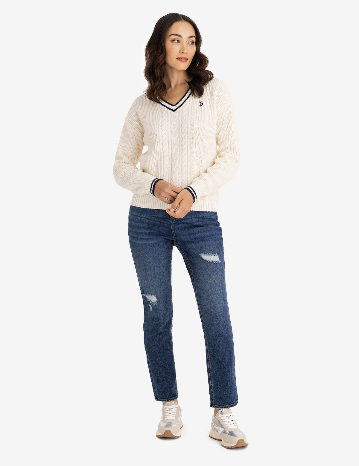 Tipped Cable Knit V-Neck Sweater