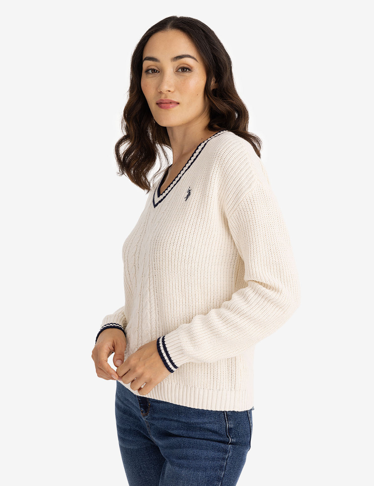Tipped Cable Knit V-Neck Sweater