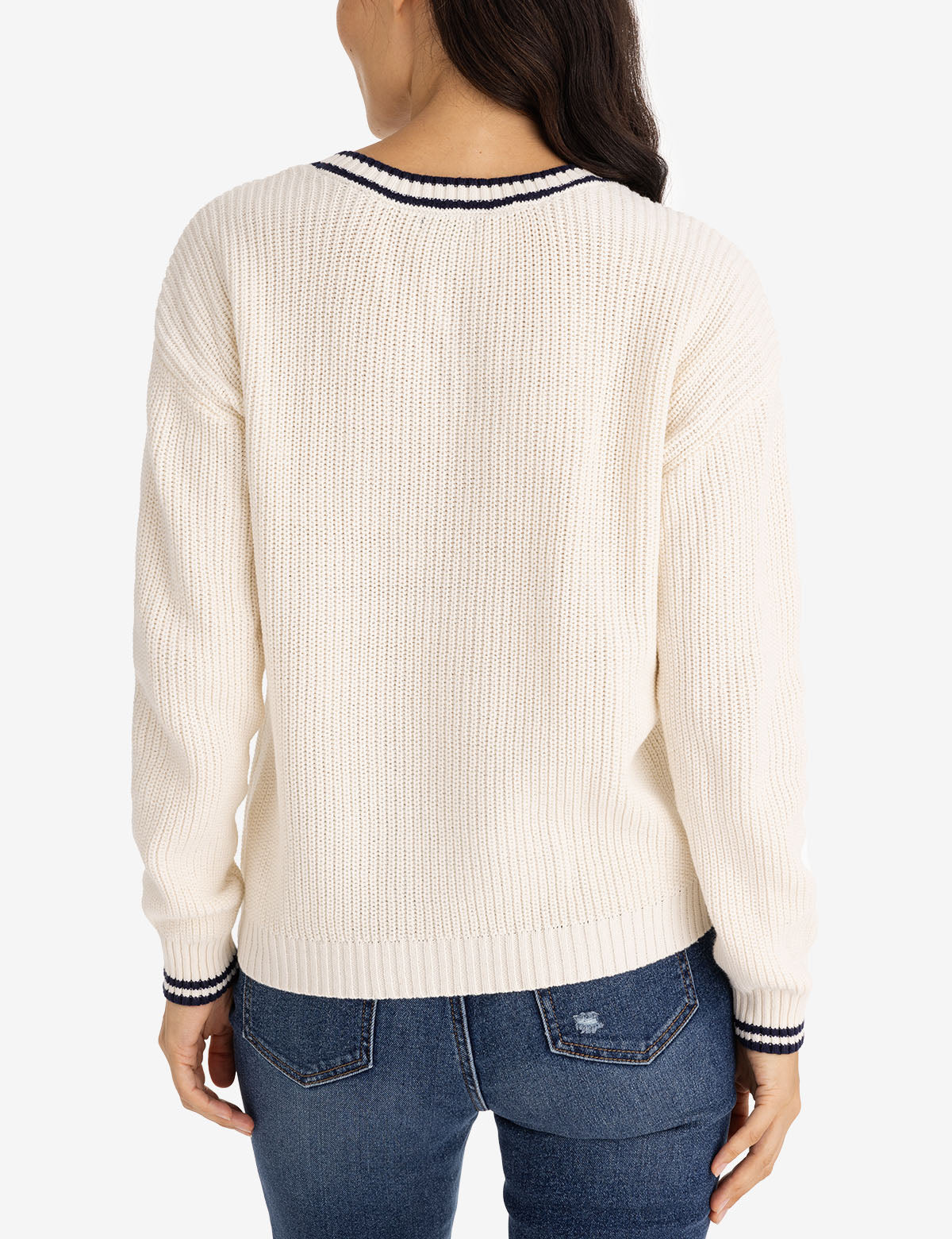 Tipped Cable Knit V-Neck Sweater