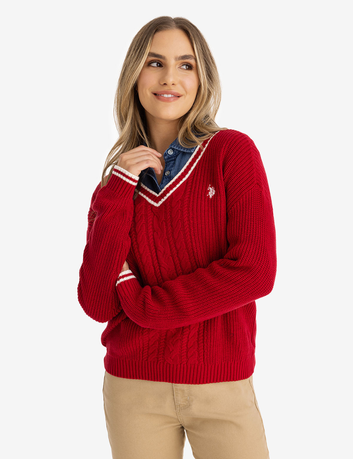 Tipped Cable Knit V-Neck Sweater