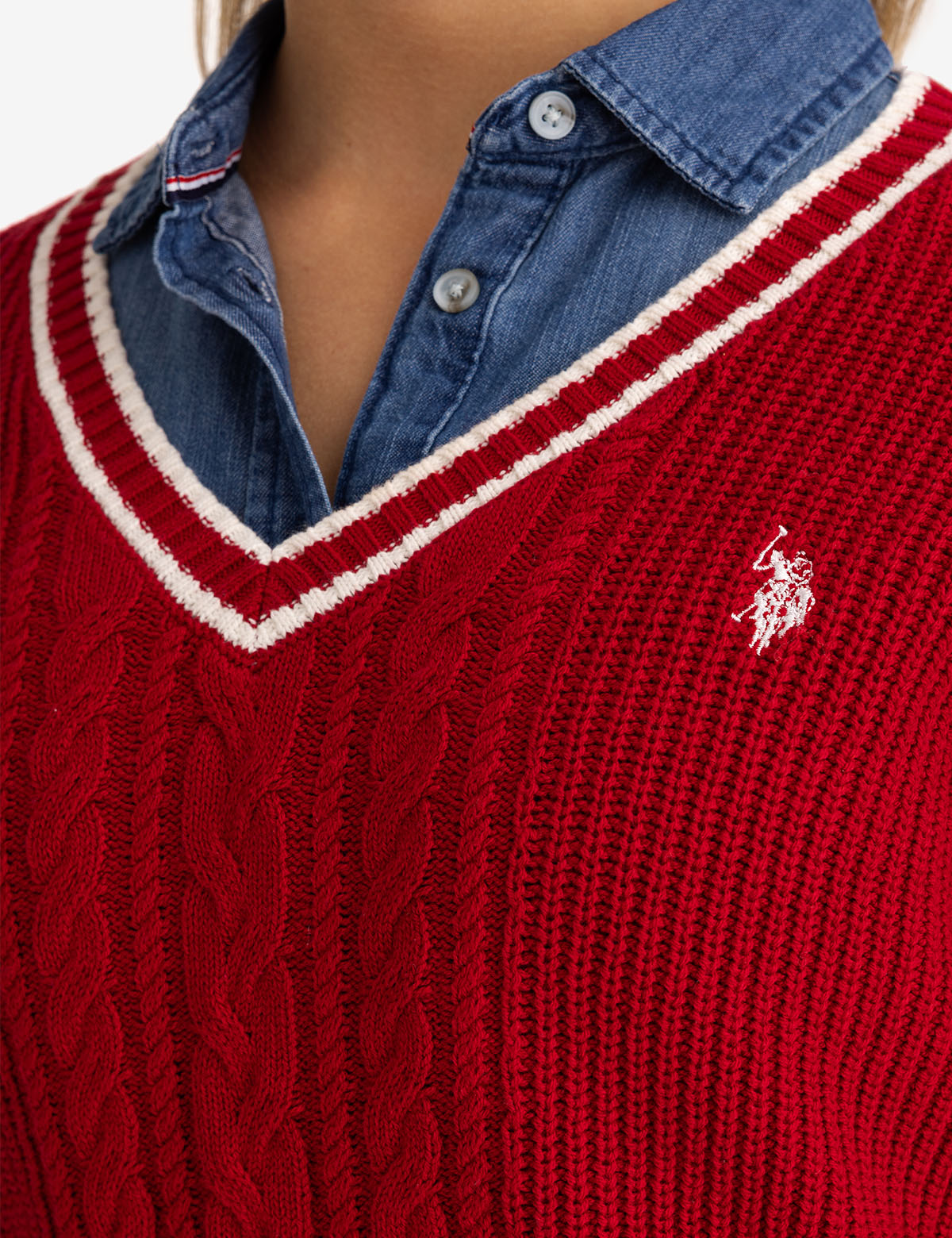 Tipped Cable Knit V-Neck Sweater