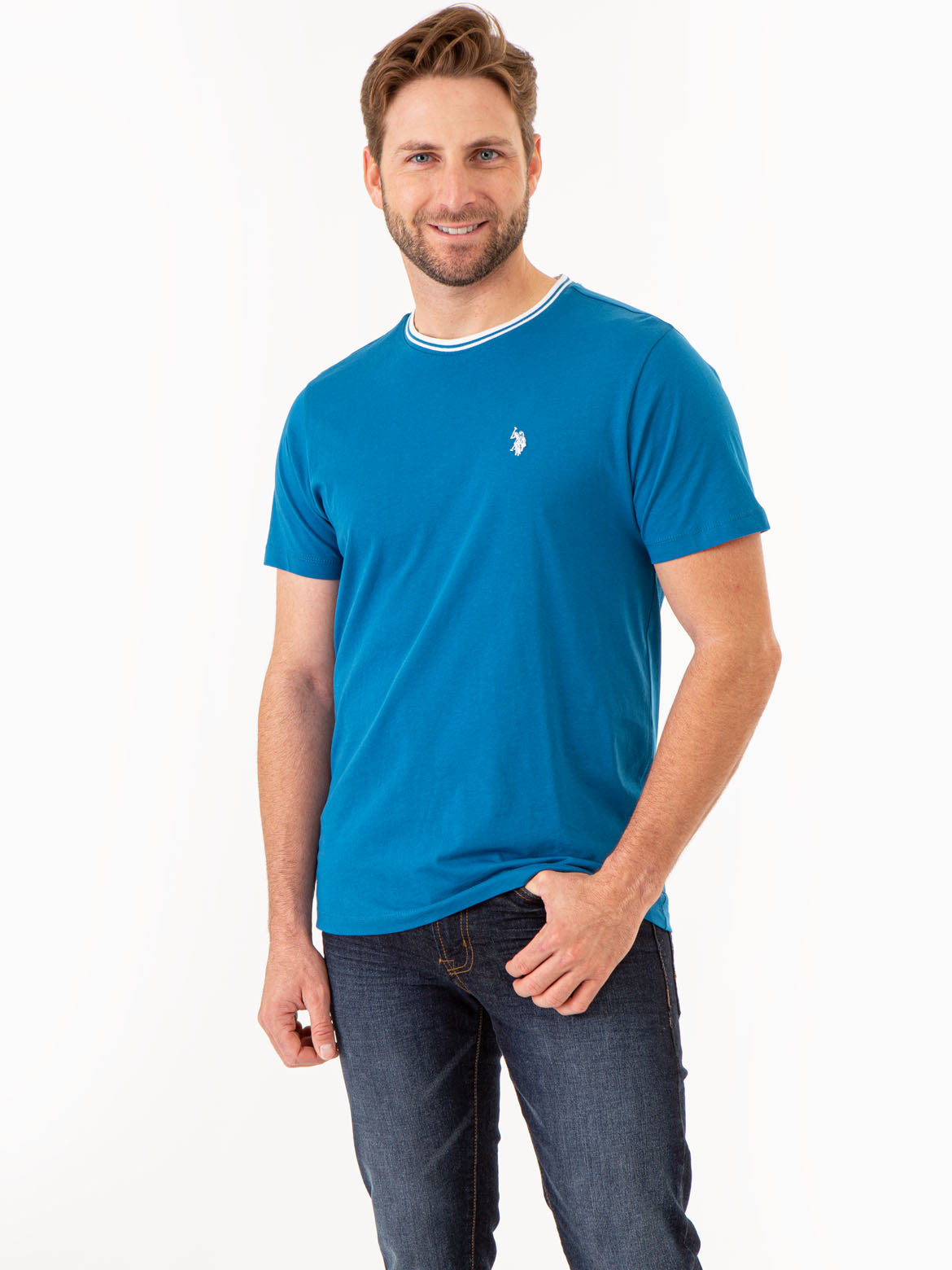 Men's Contrast Tipped Crew Neck T-Shirt with Embroidered Logo