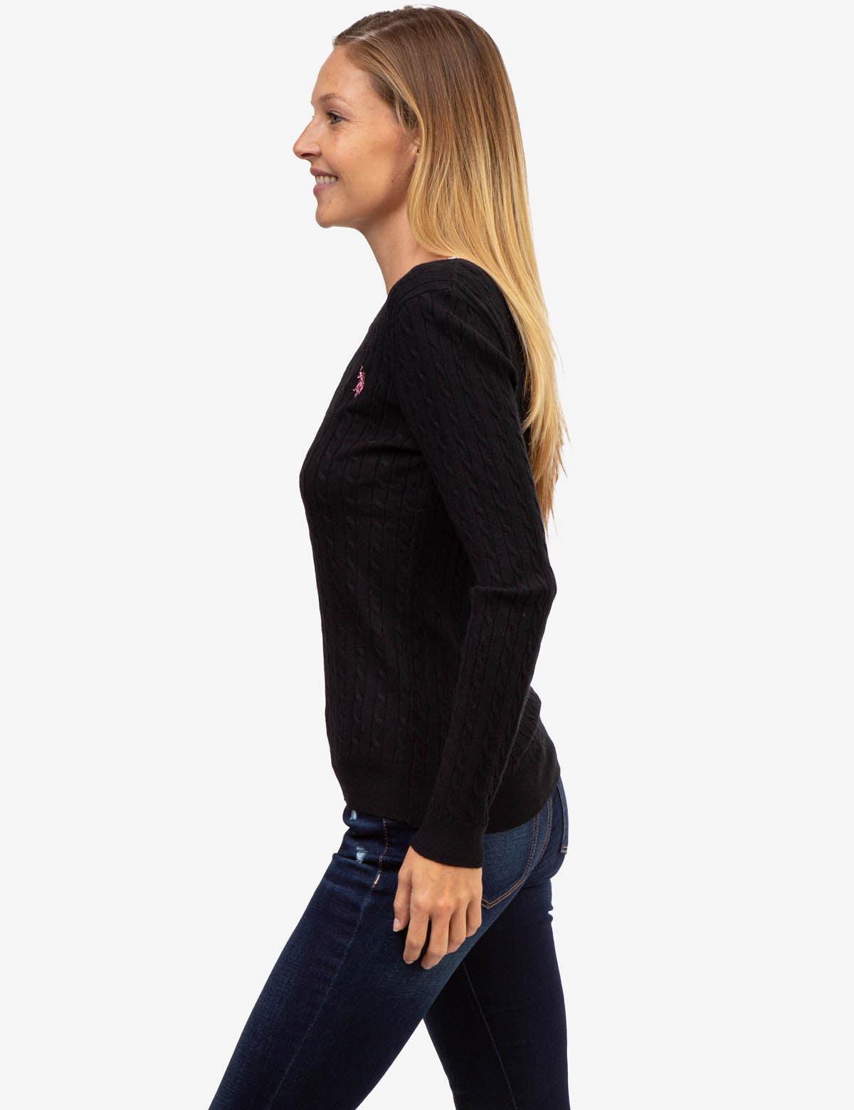 Men's Cable Knit Sweater with Tipped Ribbed Neck & Cuffs