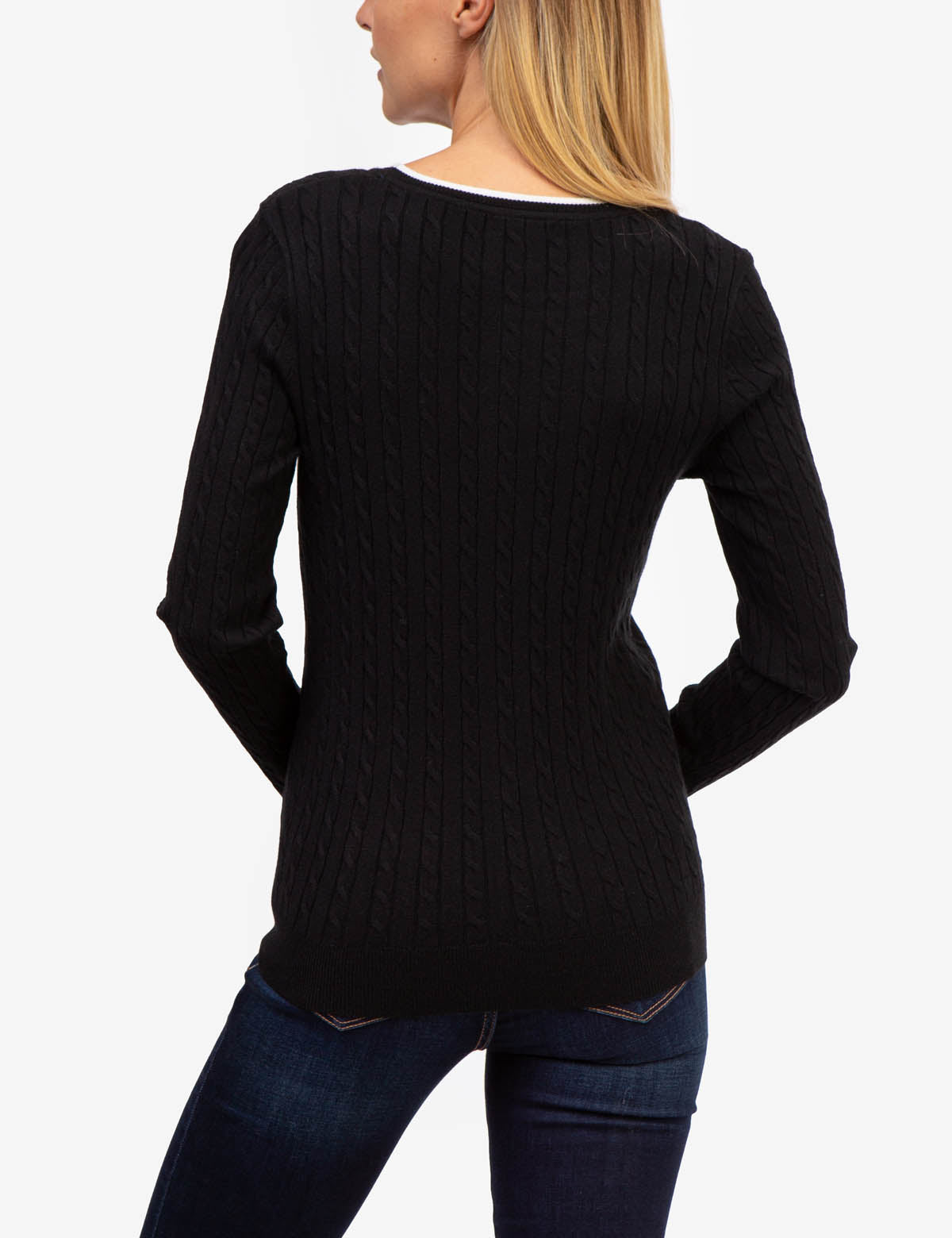 Men's Cable Knit Sweater with Tipped Ribbed Neck & Cuffs