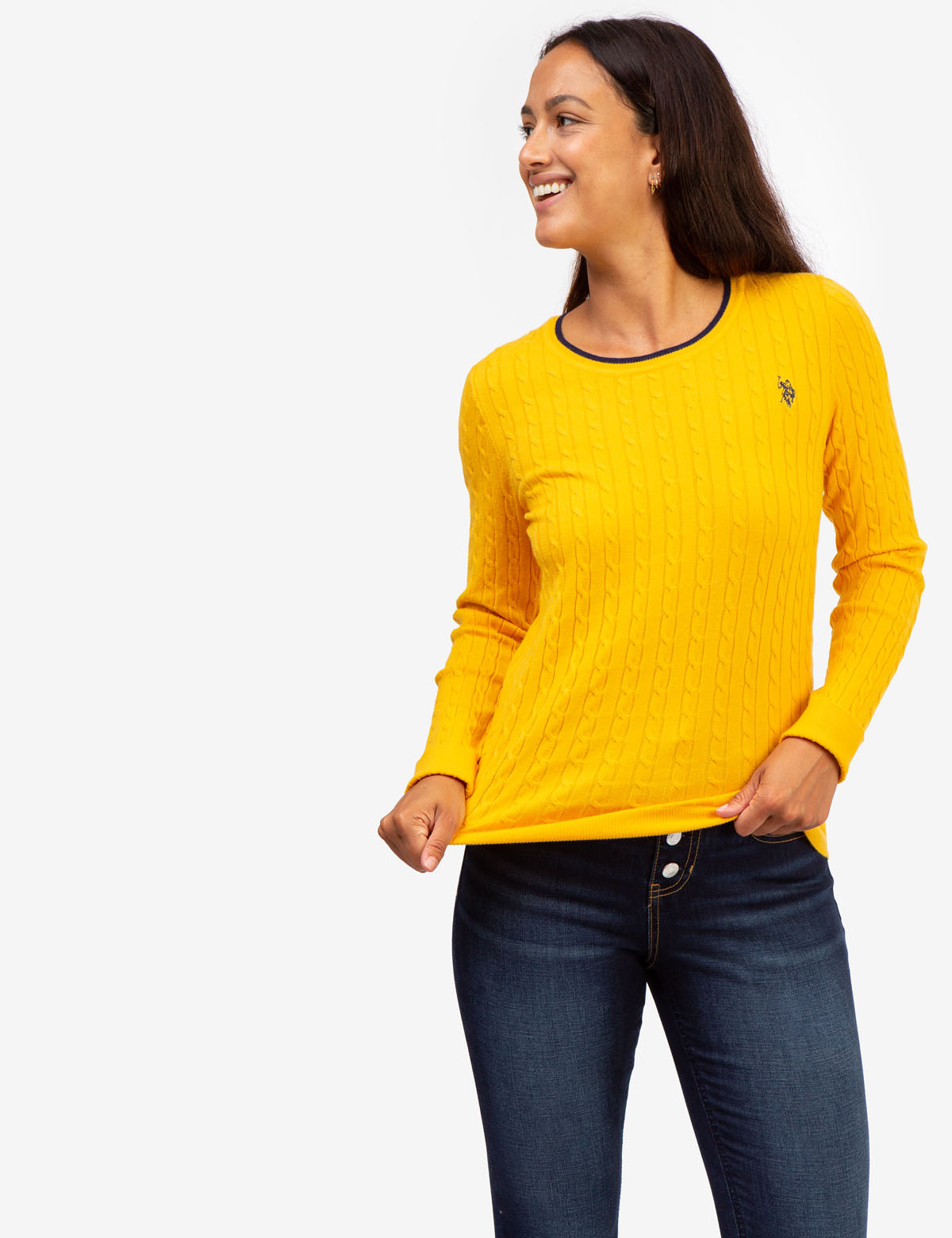 Men's Cable Knit Sweater with Tipped Ribbed Neck & Cuffs