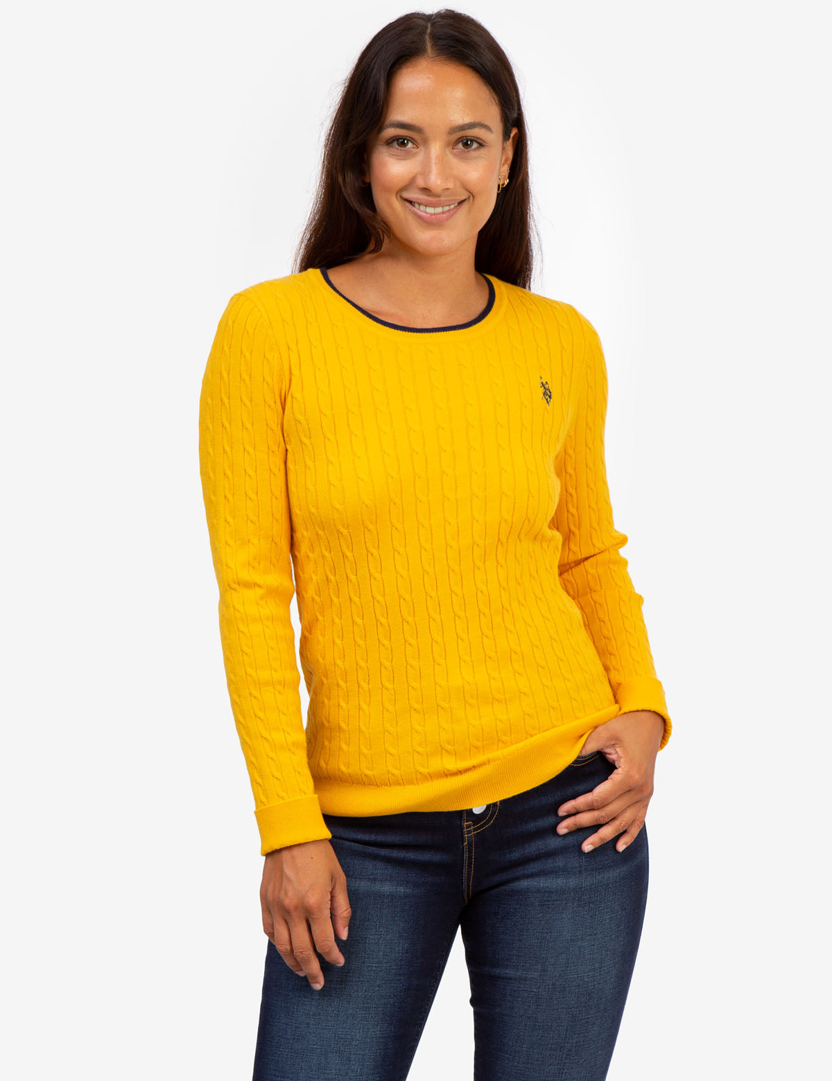 Men's Cable Knit Sweater with Tipped Ribbed Neck & Cuffs